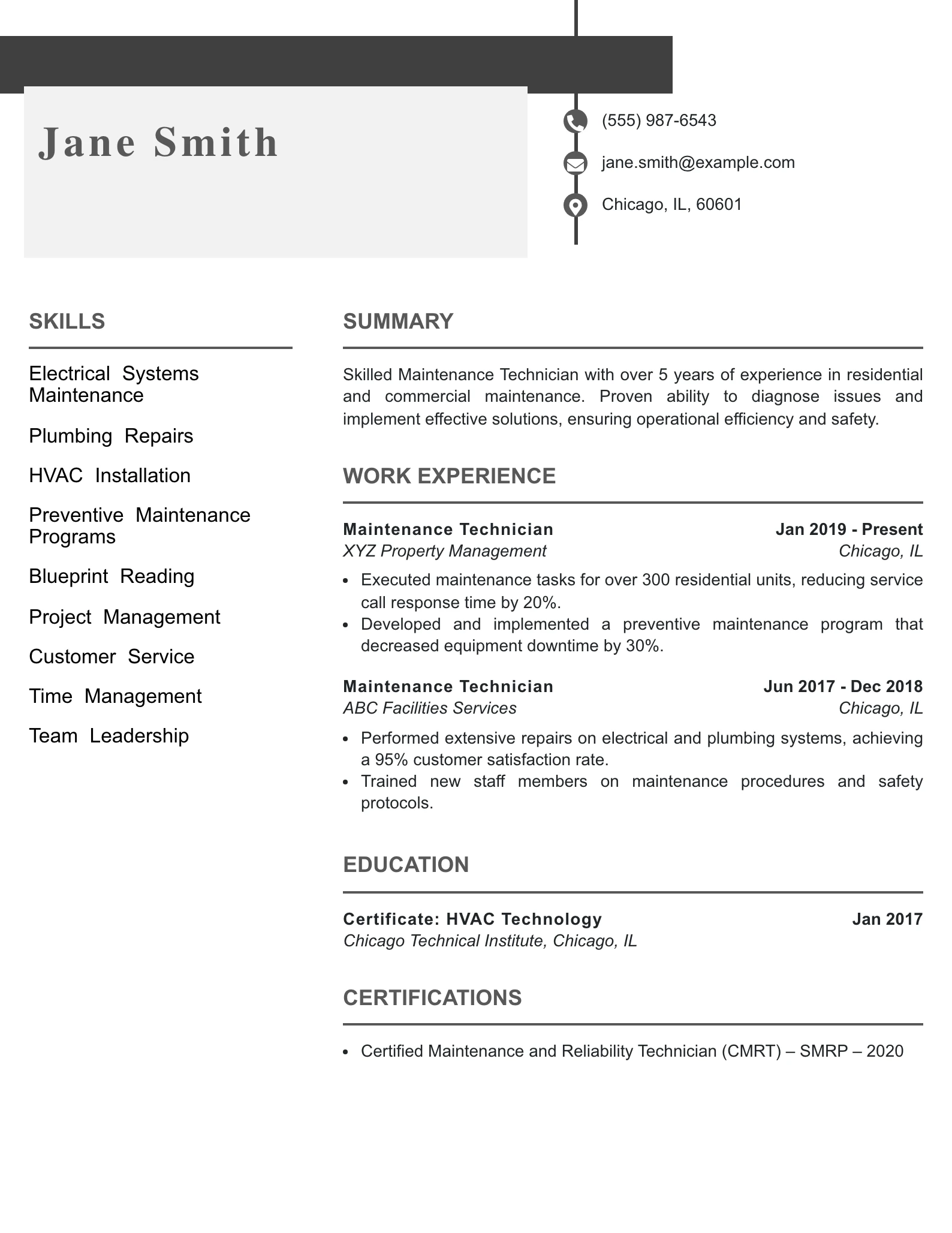 Mid Level Maintenance Technician Resume Example