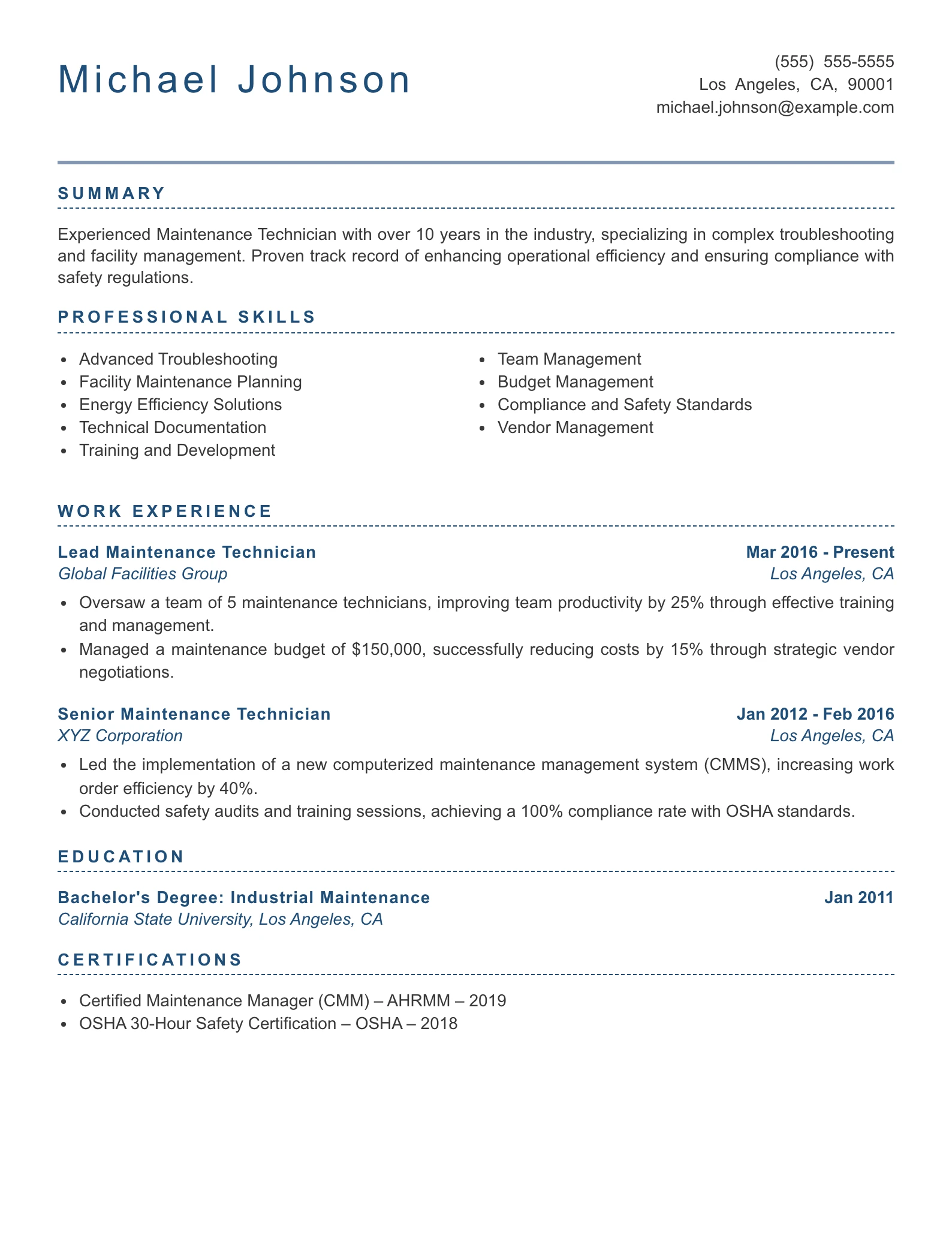 Senior Level Maintenance Technician Resume Example