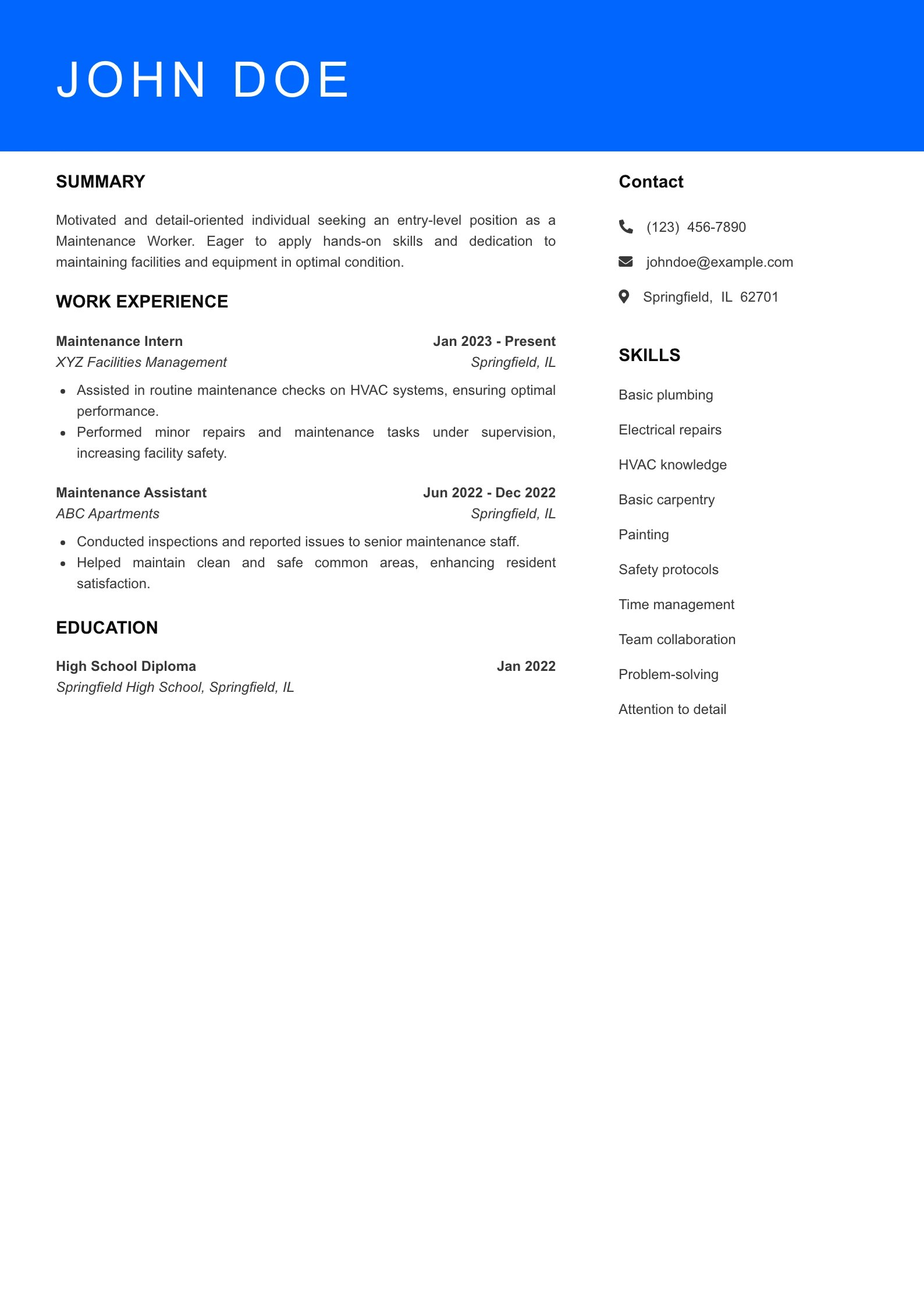 Selected Maintenance Worker Resume
