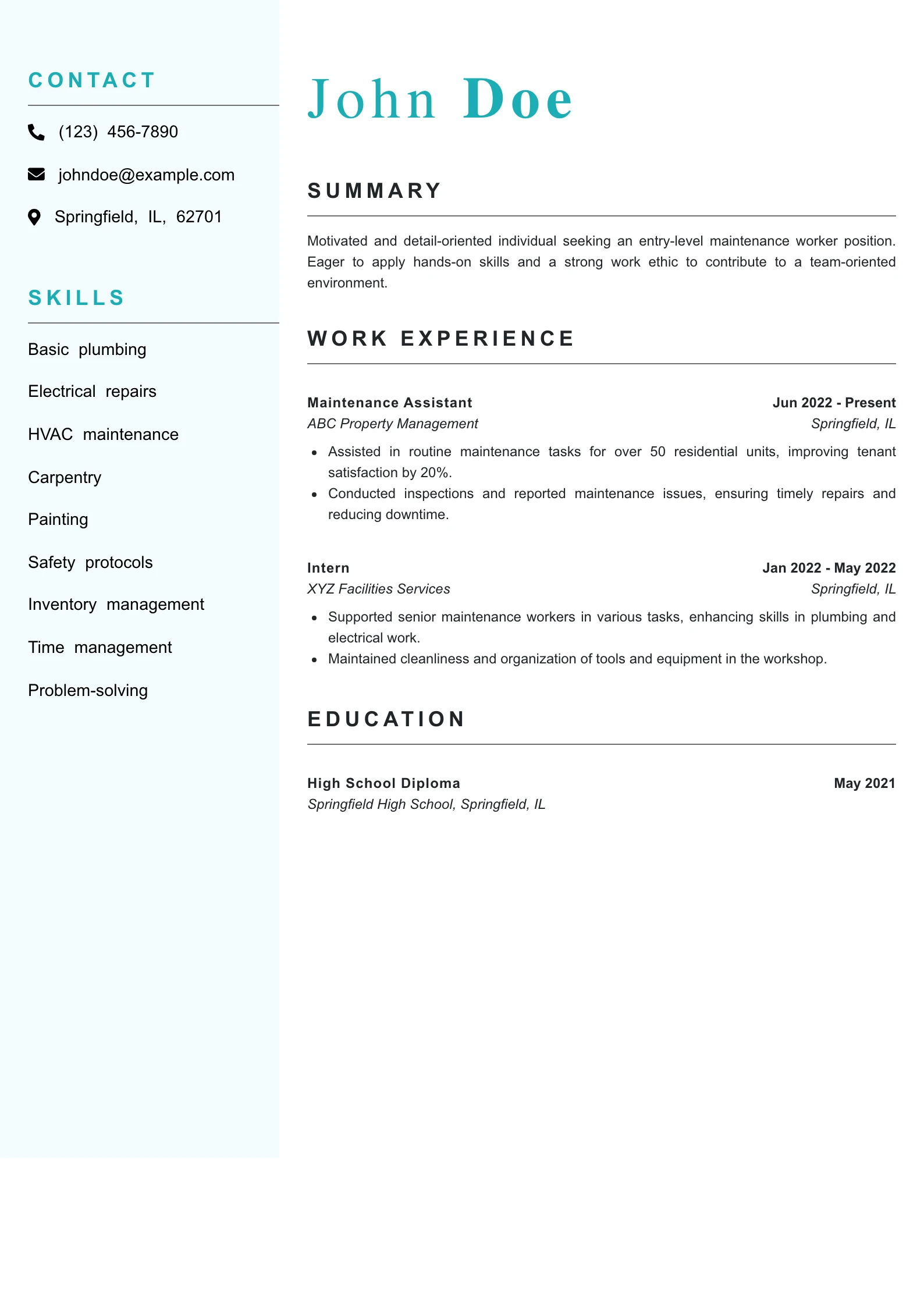 Entry Level Maintenance Worker Resume Example