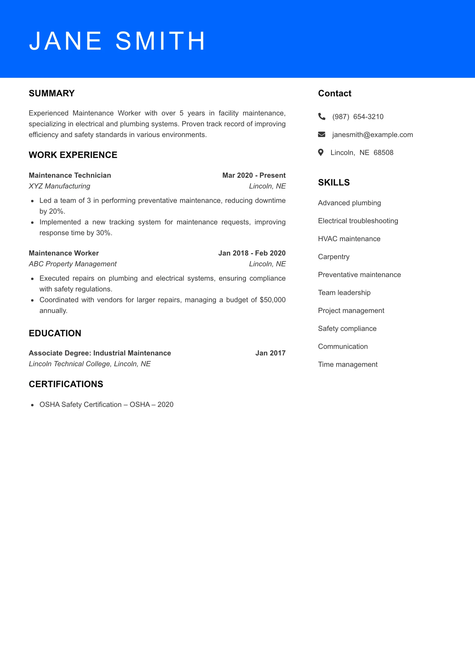 Mid Level Maintenance Worker Resume Sample