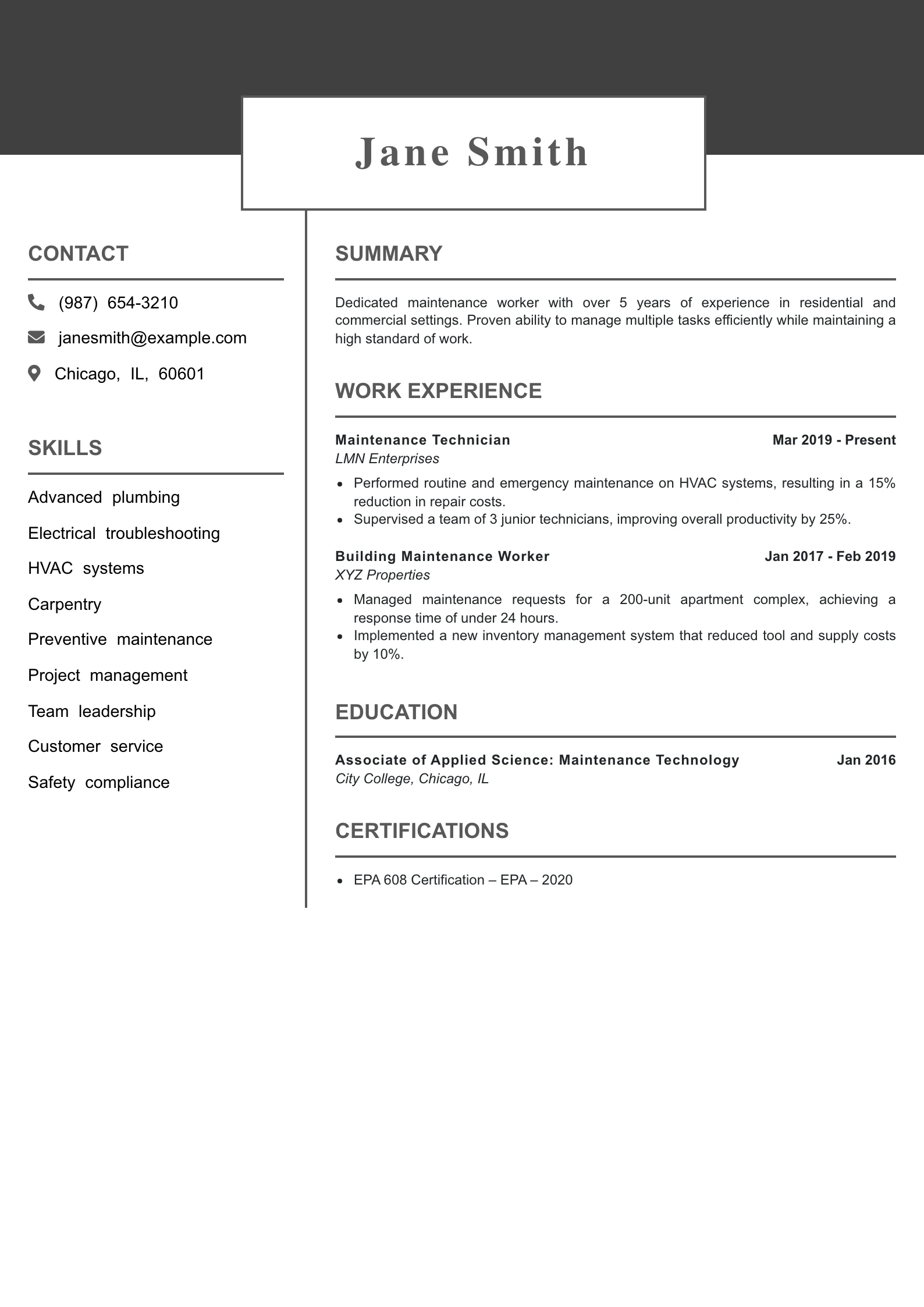 Mid Level Maintenance Worker Resume Example
