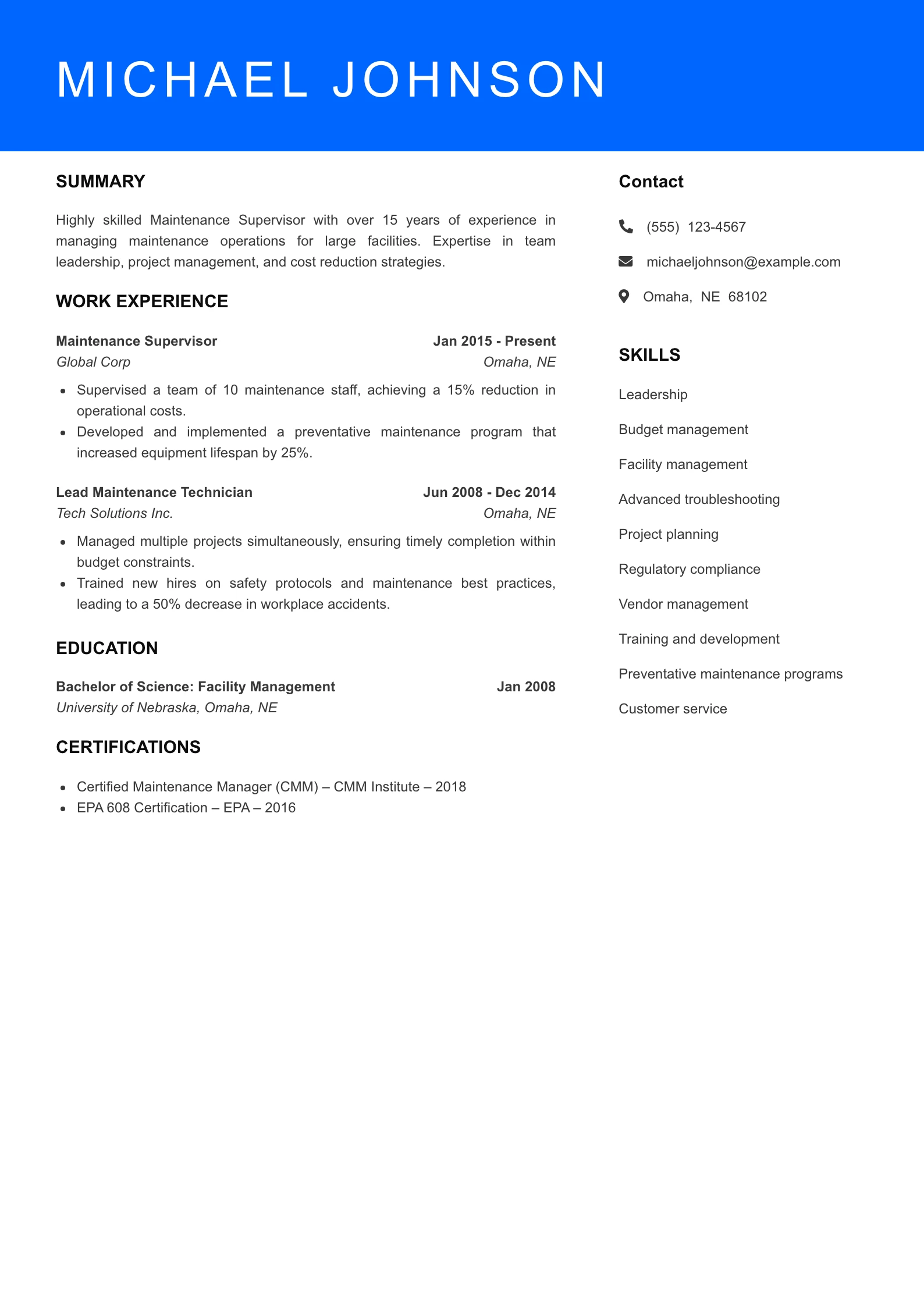 Senior Level Maintenance Worker Resume Sample