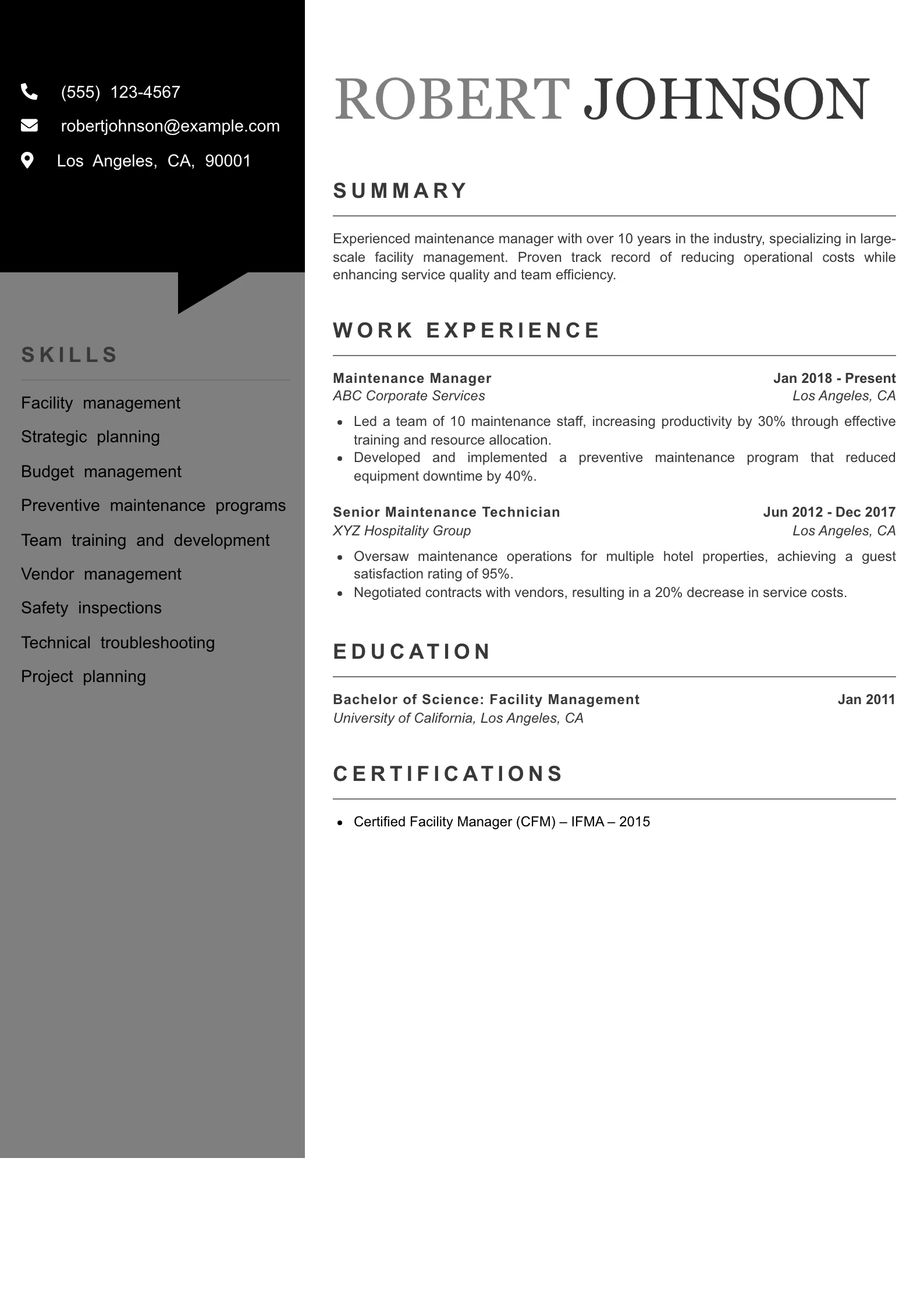 Senior Level Maintenance Worker Resume Example