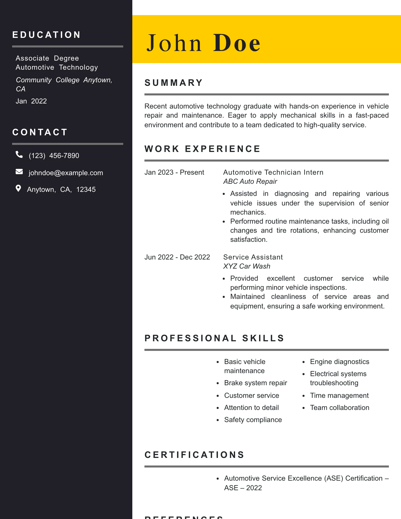 Entry Level Mechanic Resume Example