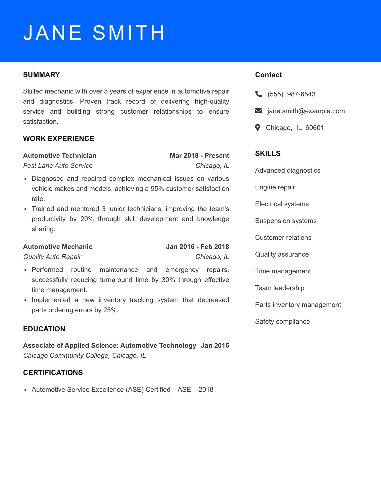 Mid Level Mechanic Resume Sample