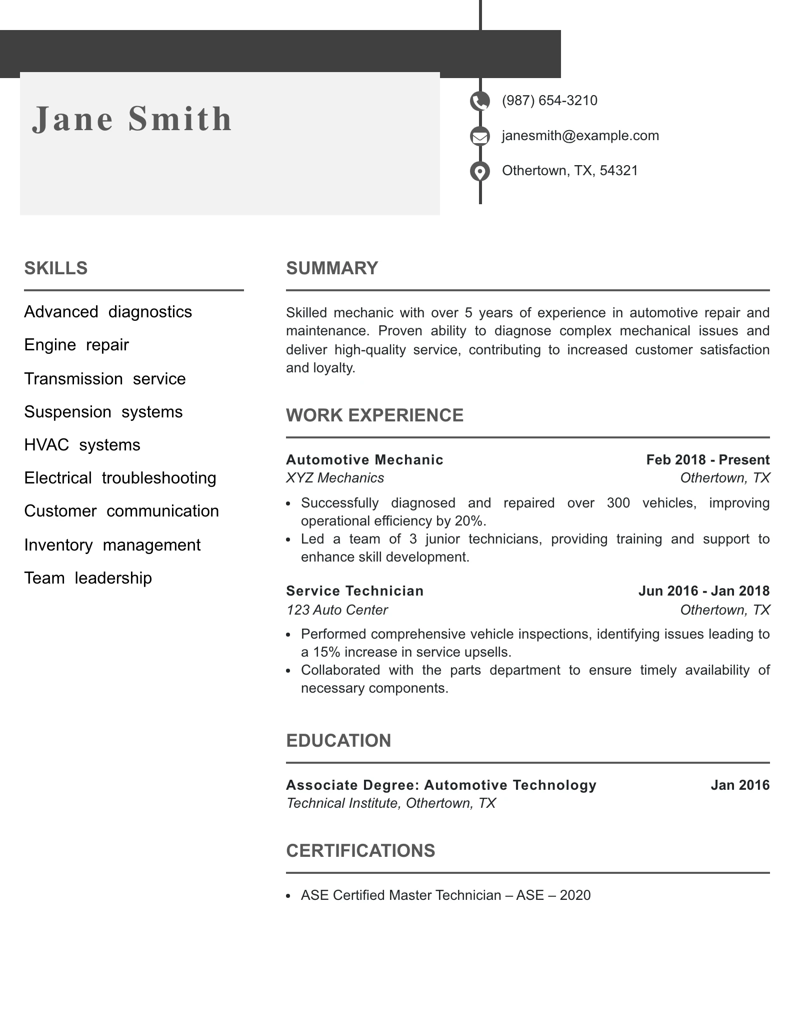 Mid Level Mechanic Resume Example