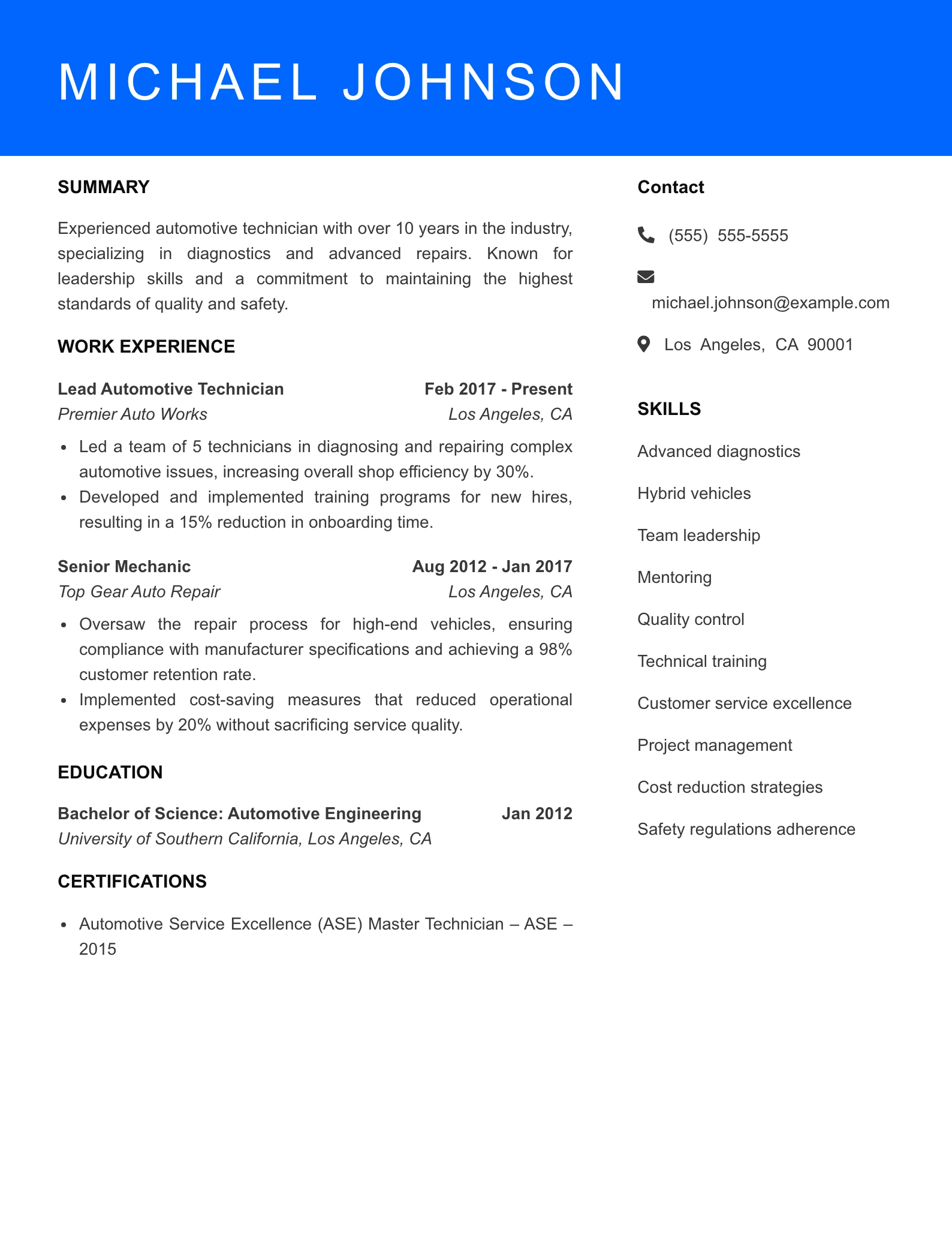 Senior Level Mechanic Resume Sample