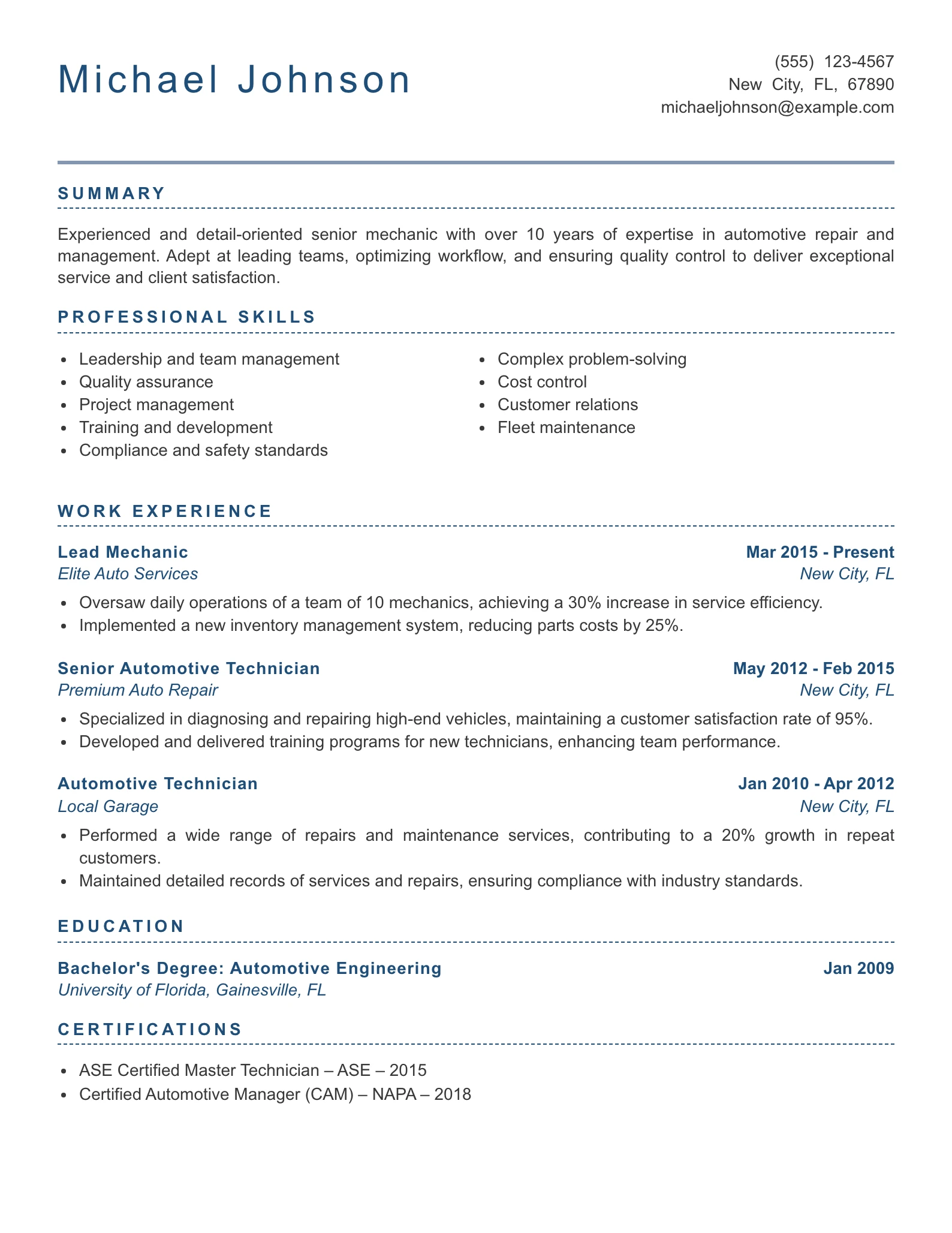 Senior Level Mechanic Resume Example