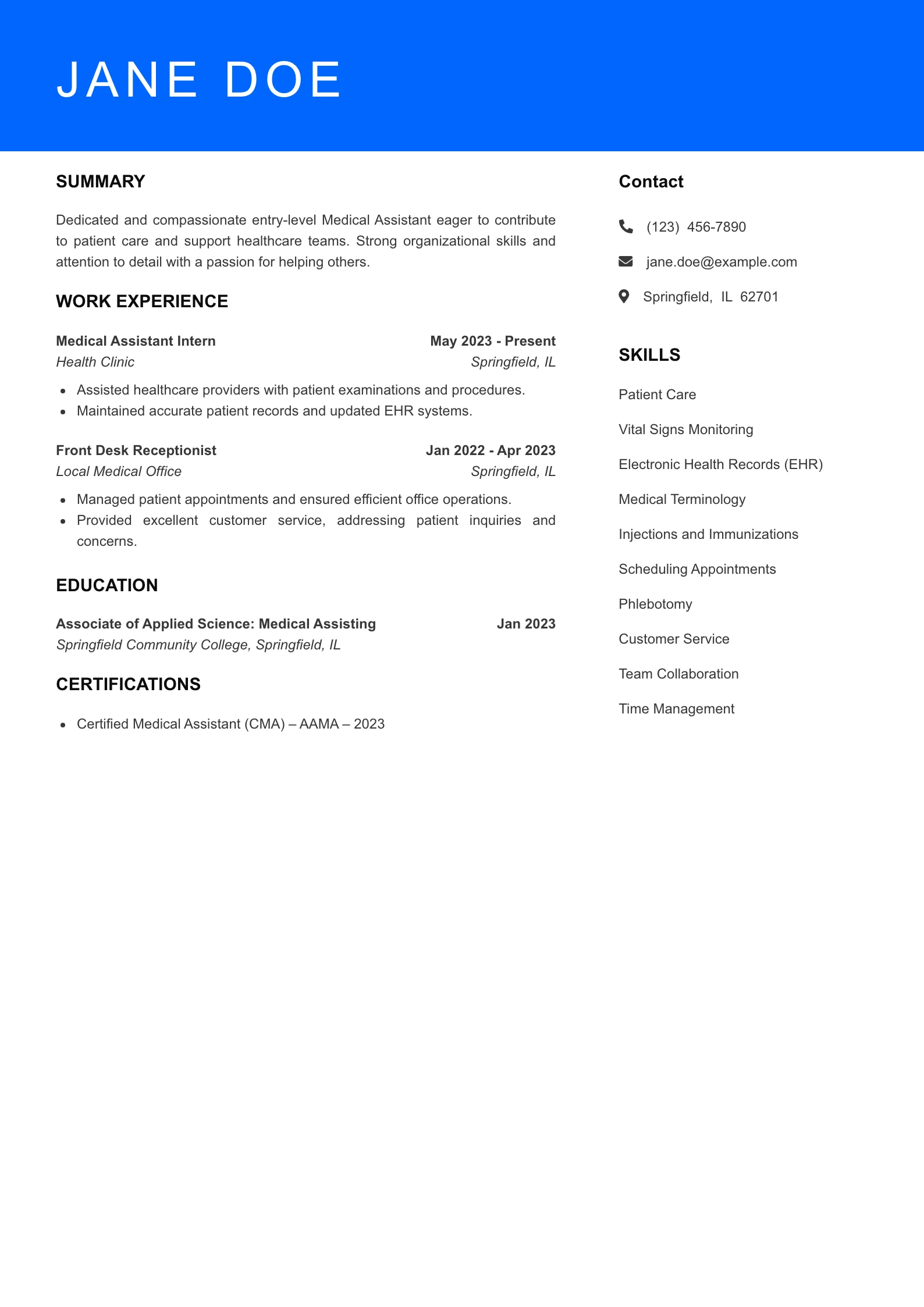 Selected Medical Assistant Resume