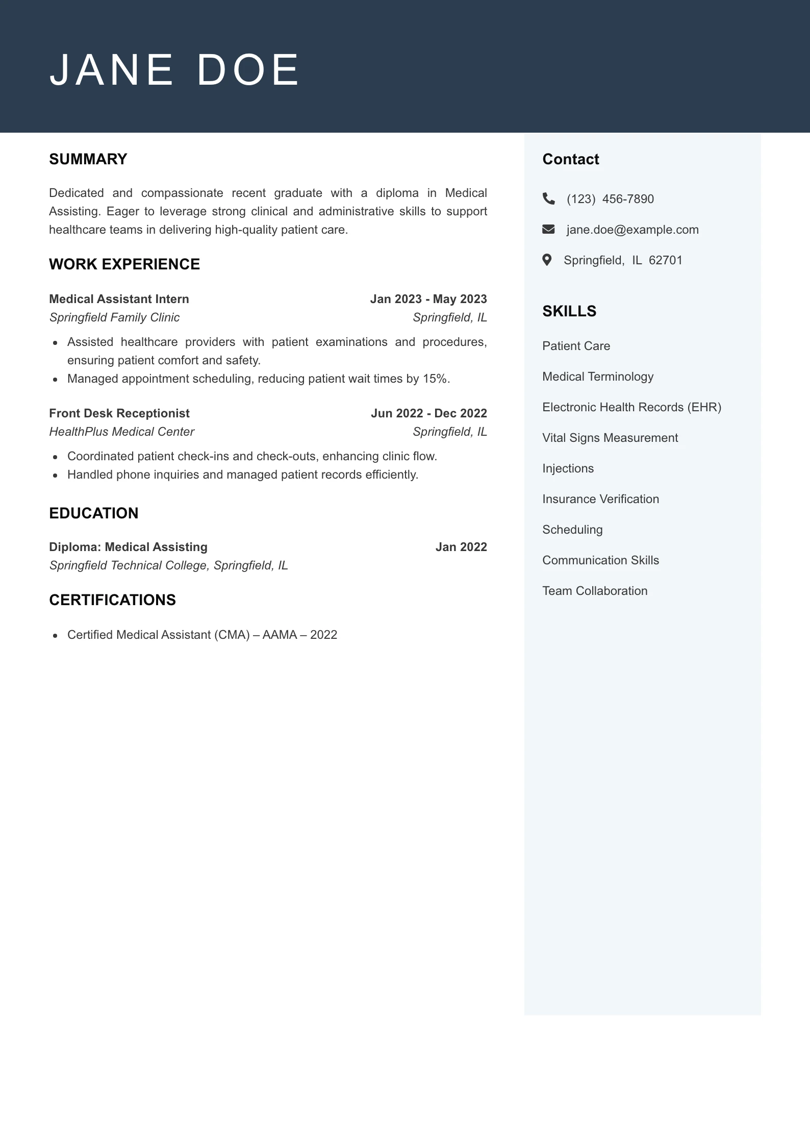 Entry Level Medical Assistant Resume Example