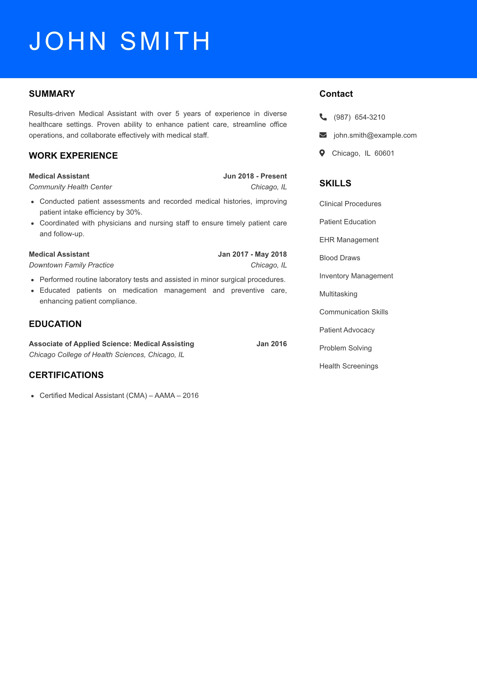 Mid Level Medical Assistant Resume Sample