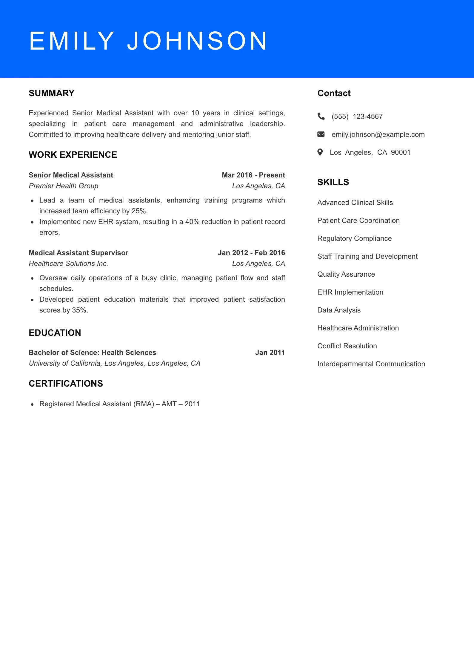 Senior Level Medical Assistant Resume Sample