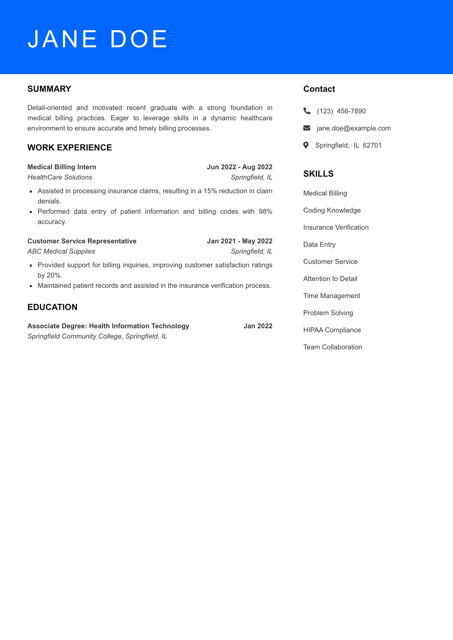 Selected Medical Biller Resume