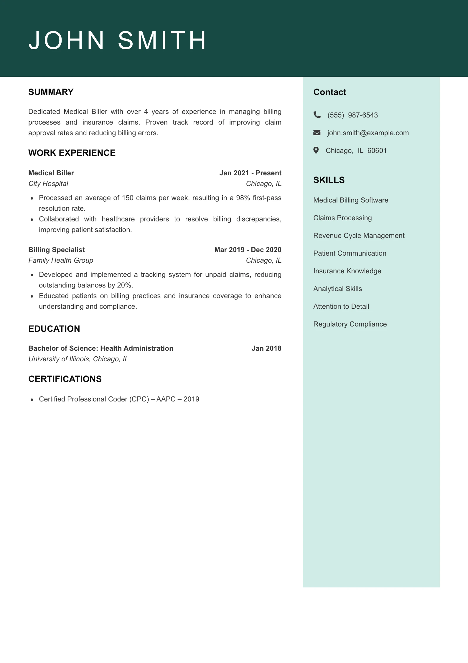 Mid Level Medical Biller Resume Example