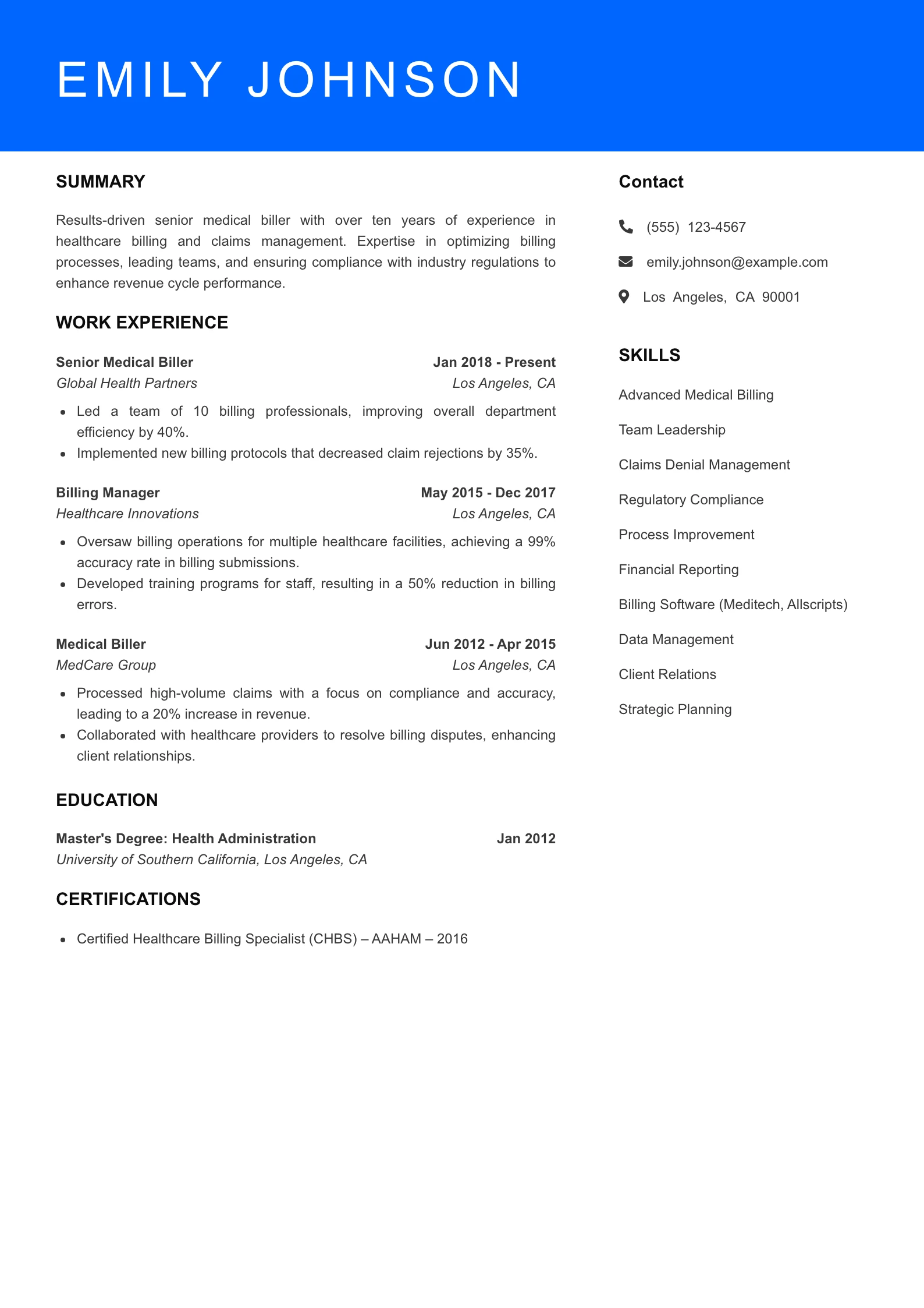 Senior Level Medical Biller Resume Sample