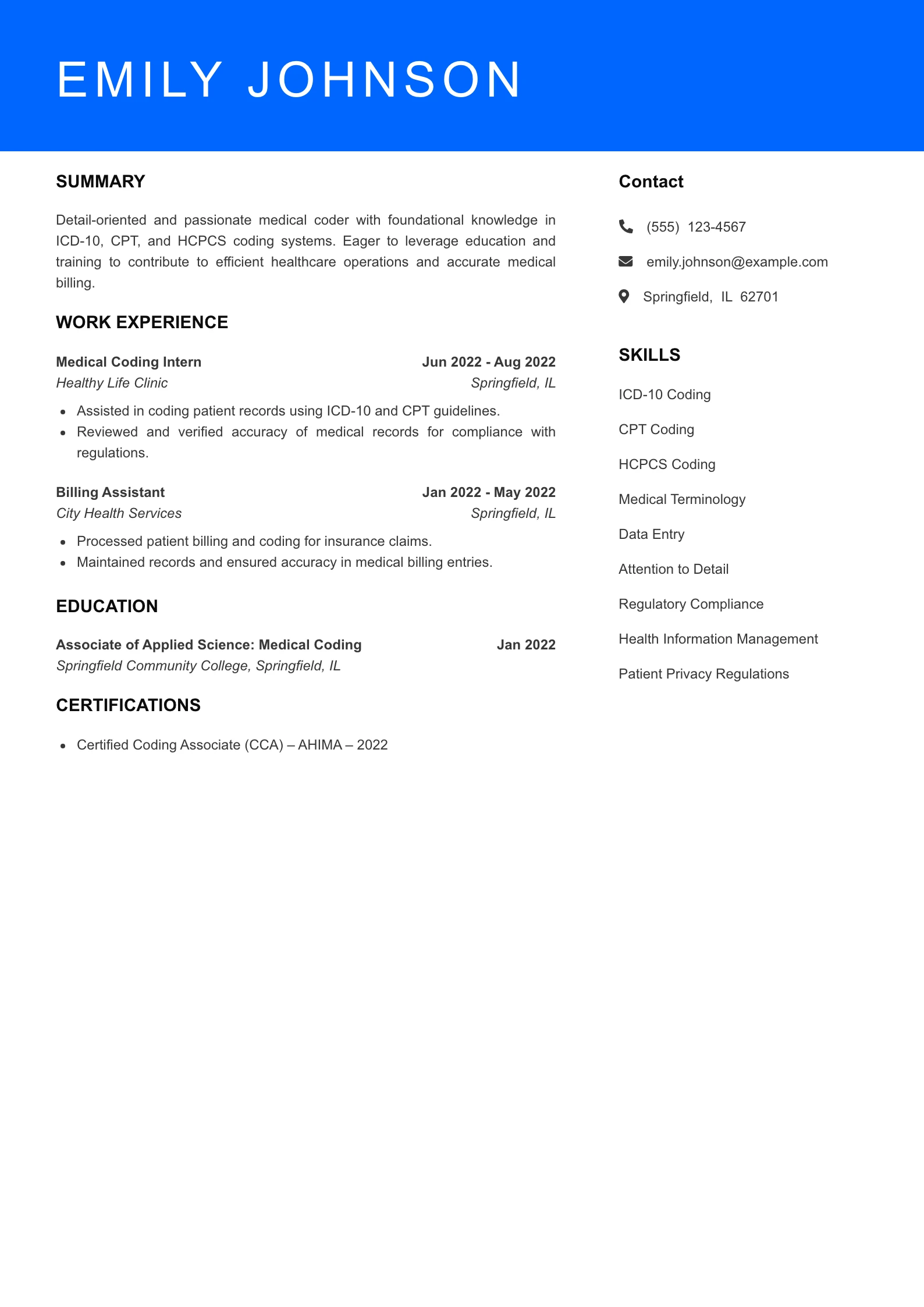 Selected Medical Coder Resume