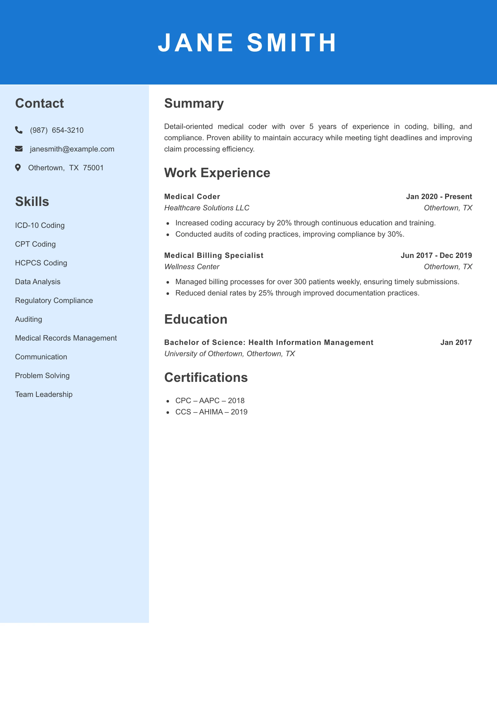 Mid Level Medical Coder Resume Example
