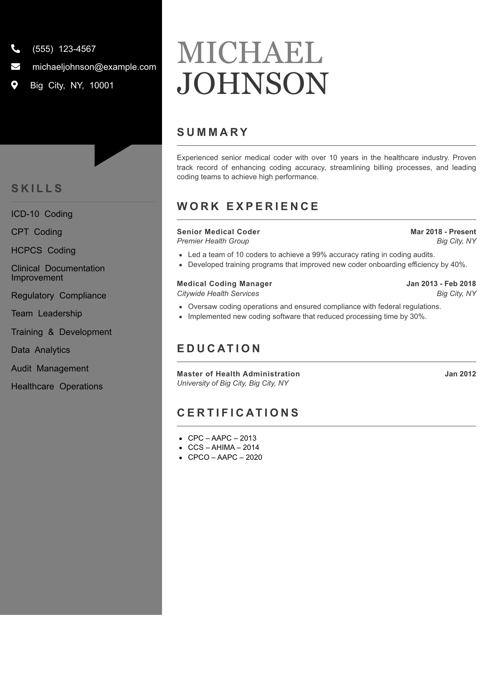 Senior Level Medical Coder Resume Example
