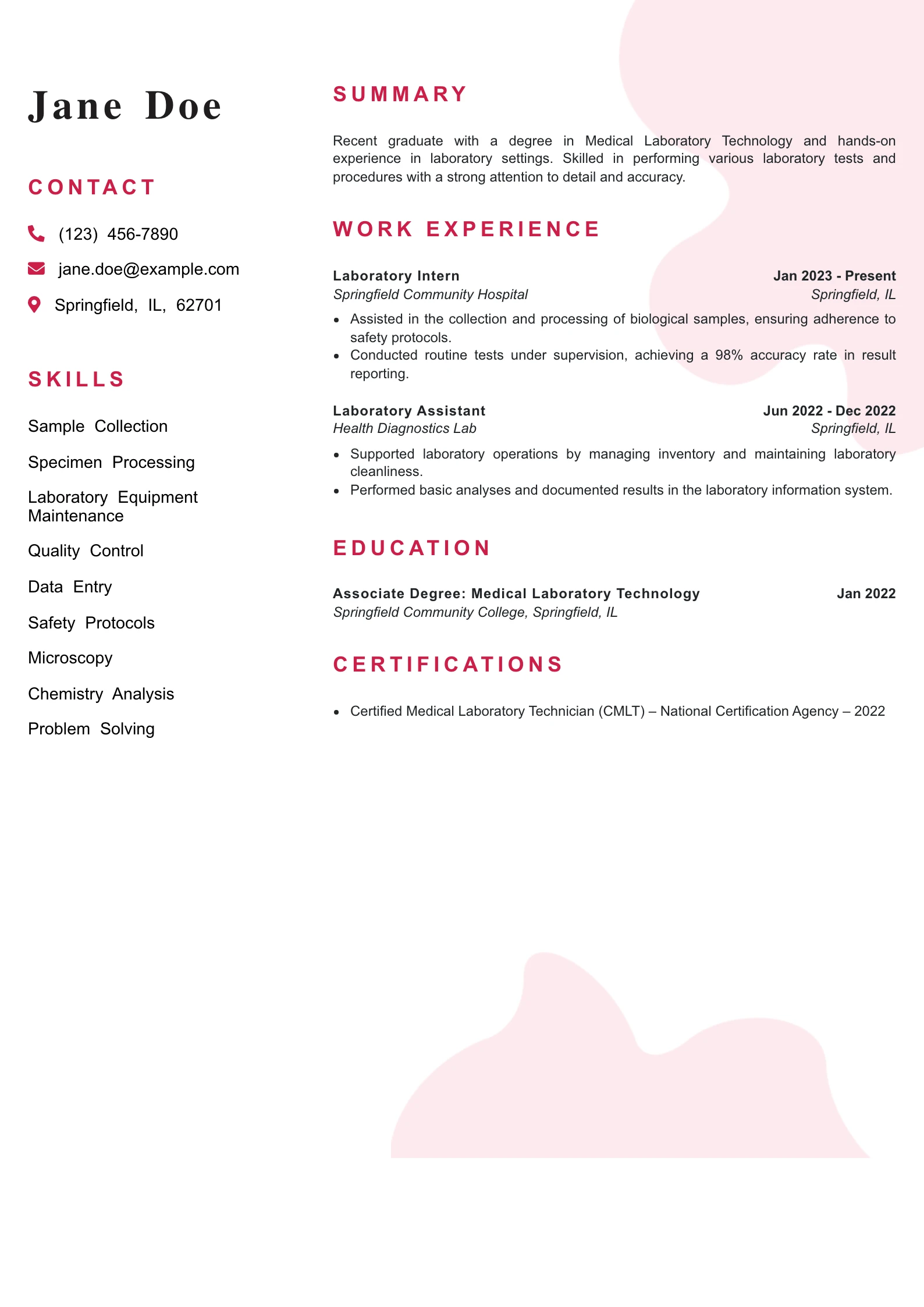 Entry Level Medical Laboratory Technician Resume Example