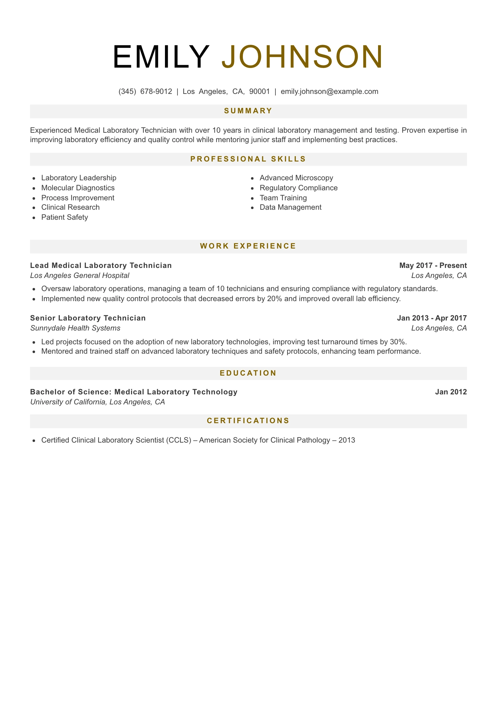 Senior Level Medical Laboratory Technician Resume Example