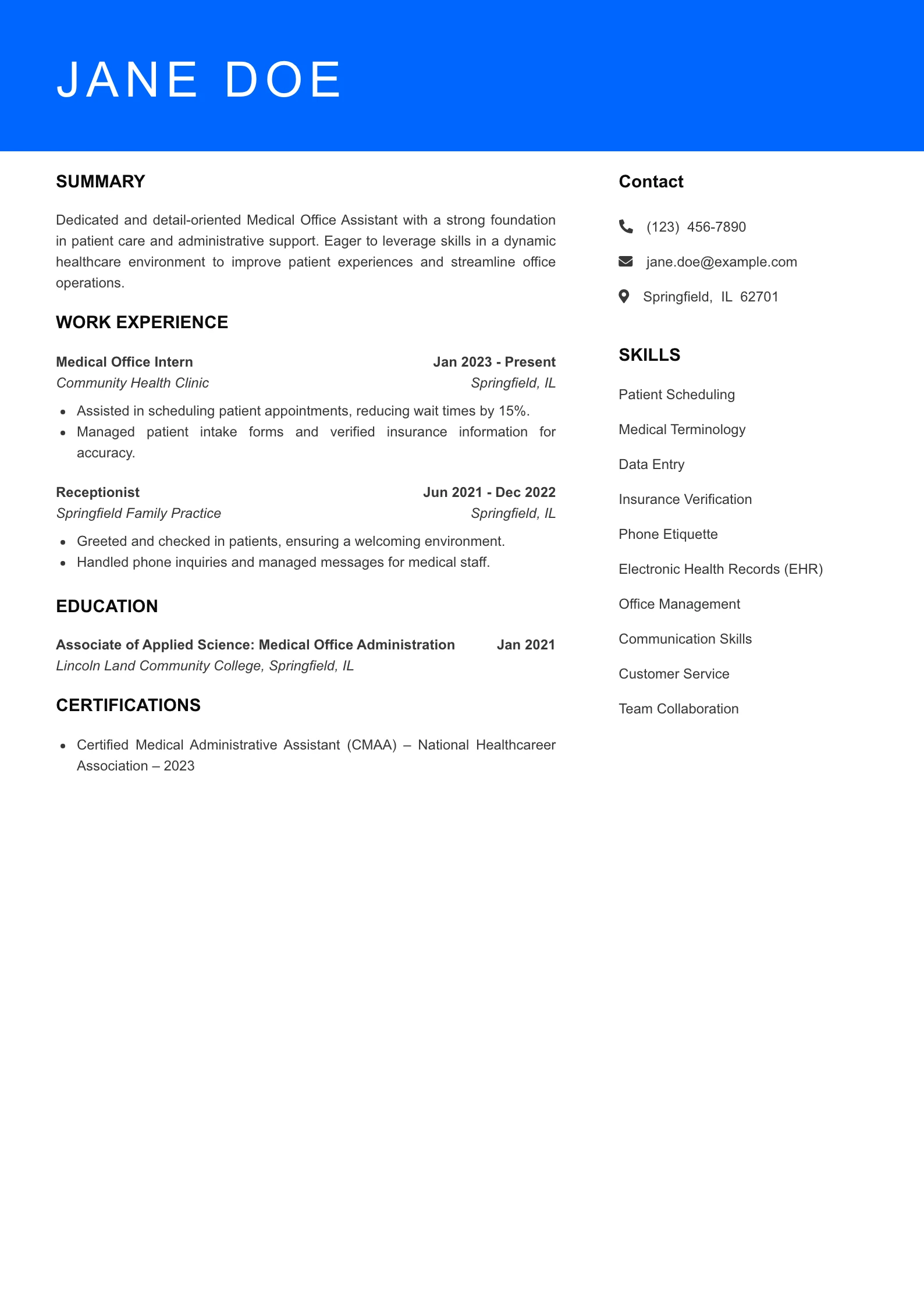 Selected Medical Office Assistant Resume