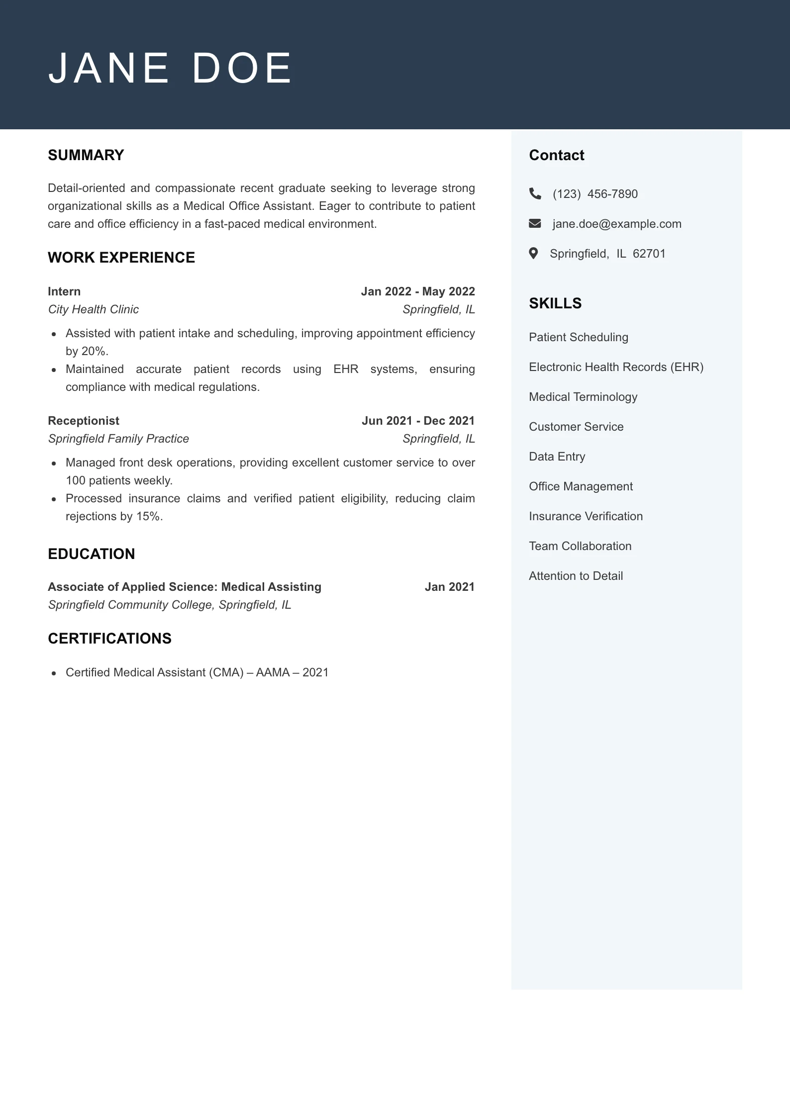 Entry Level Medical Office Assistant Resume Example