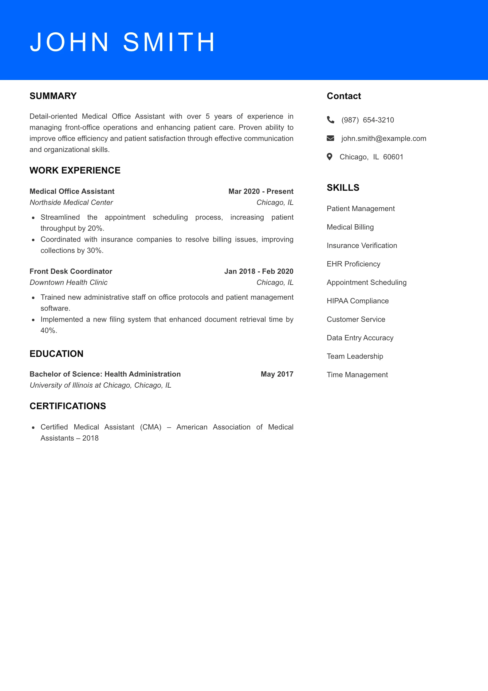 Mid Level Medical Office Assistant Resume Sample