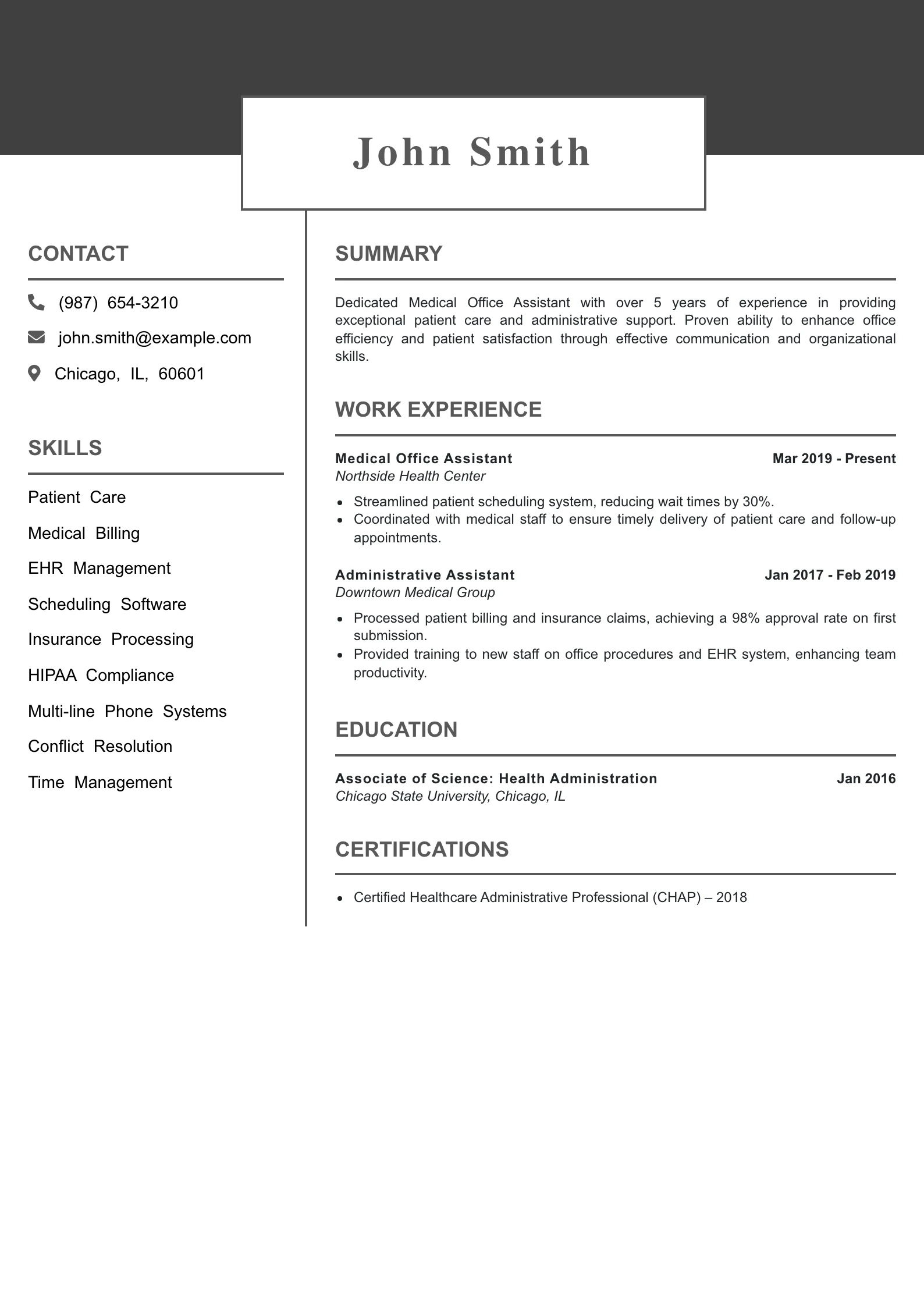 Mid Level Medical Office Assistant Resume Example