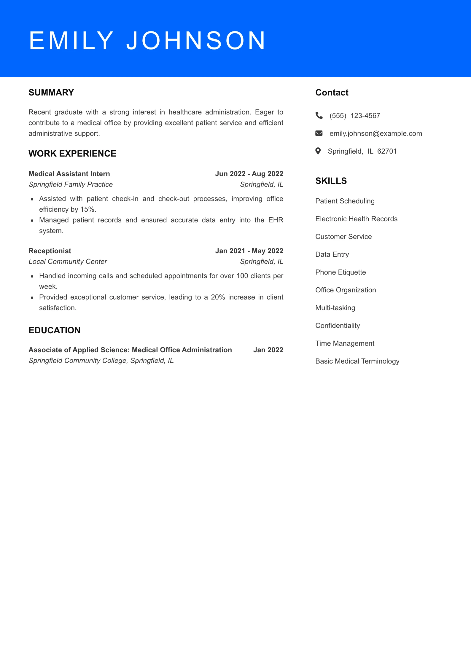 Selected Medical Receptionist Resume