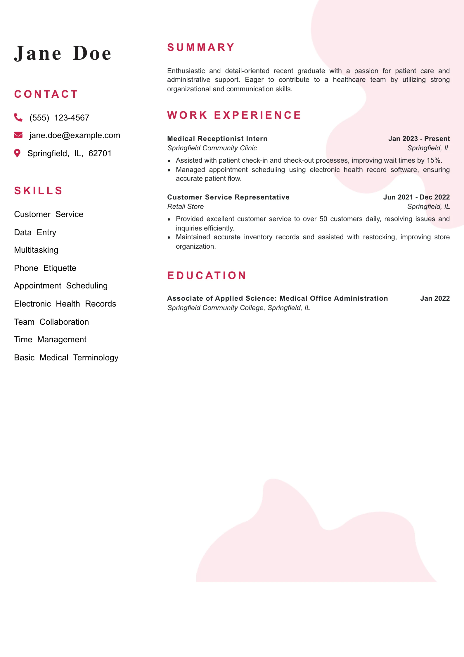 Entry Level Medical Receptionist Resume Example