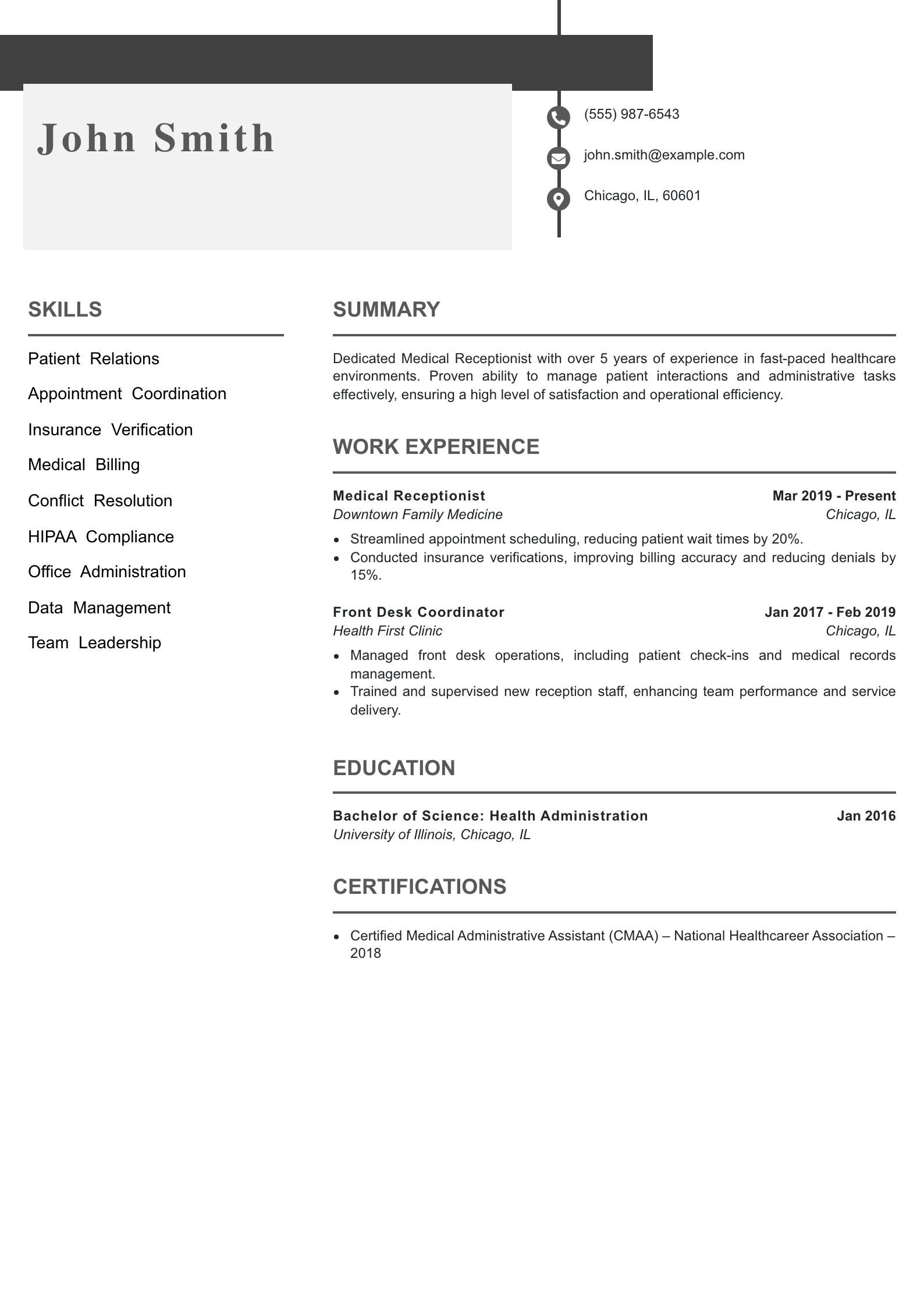 Mid Level Medical Receptionist Resume Example