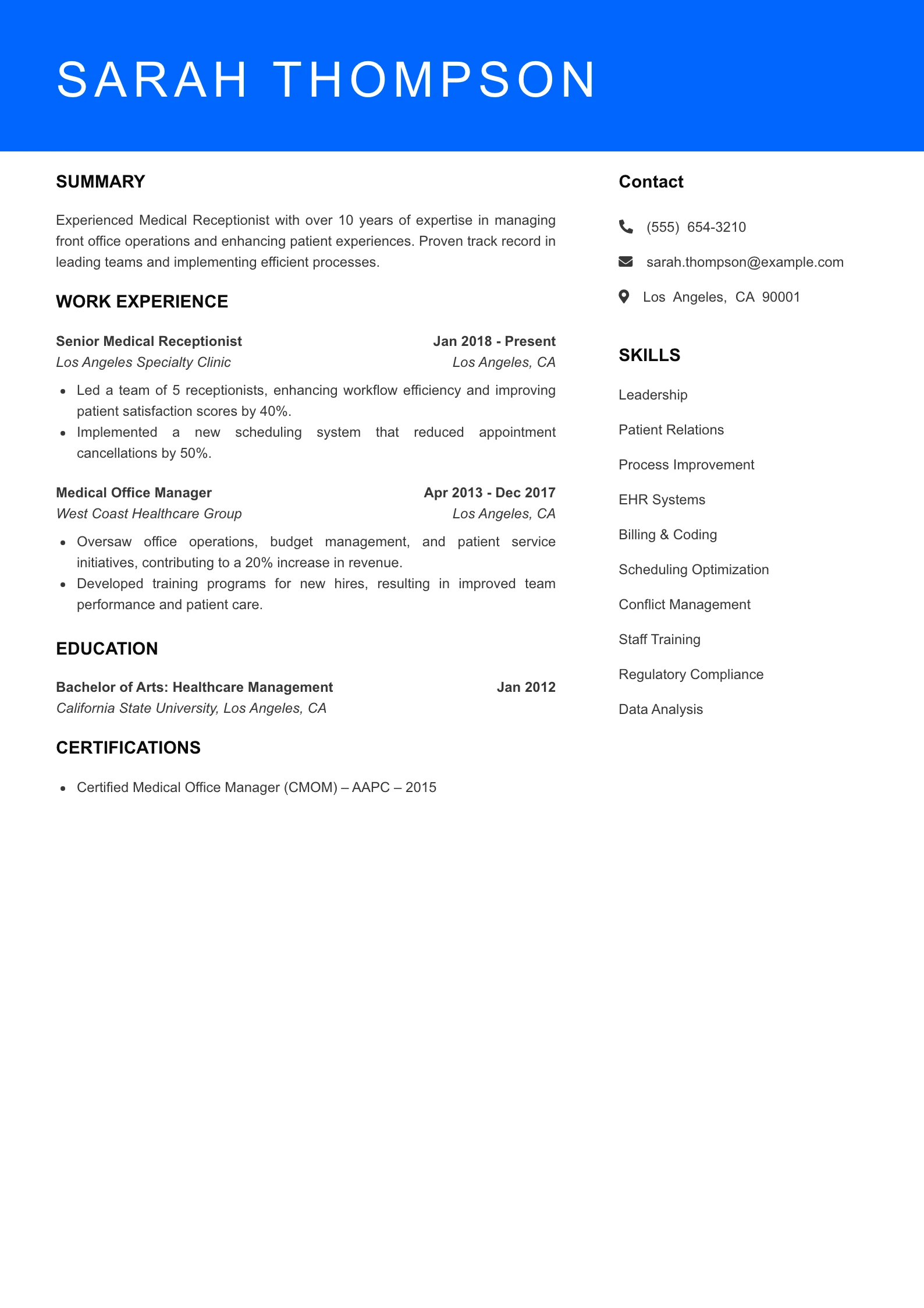 Senior Level Medical Receptionist Resume Sample