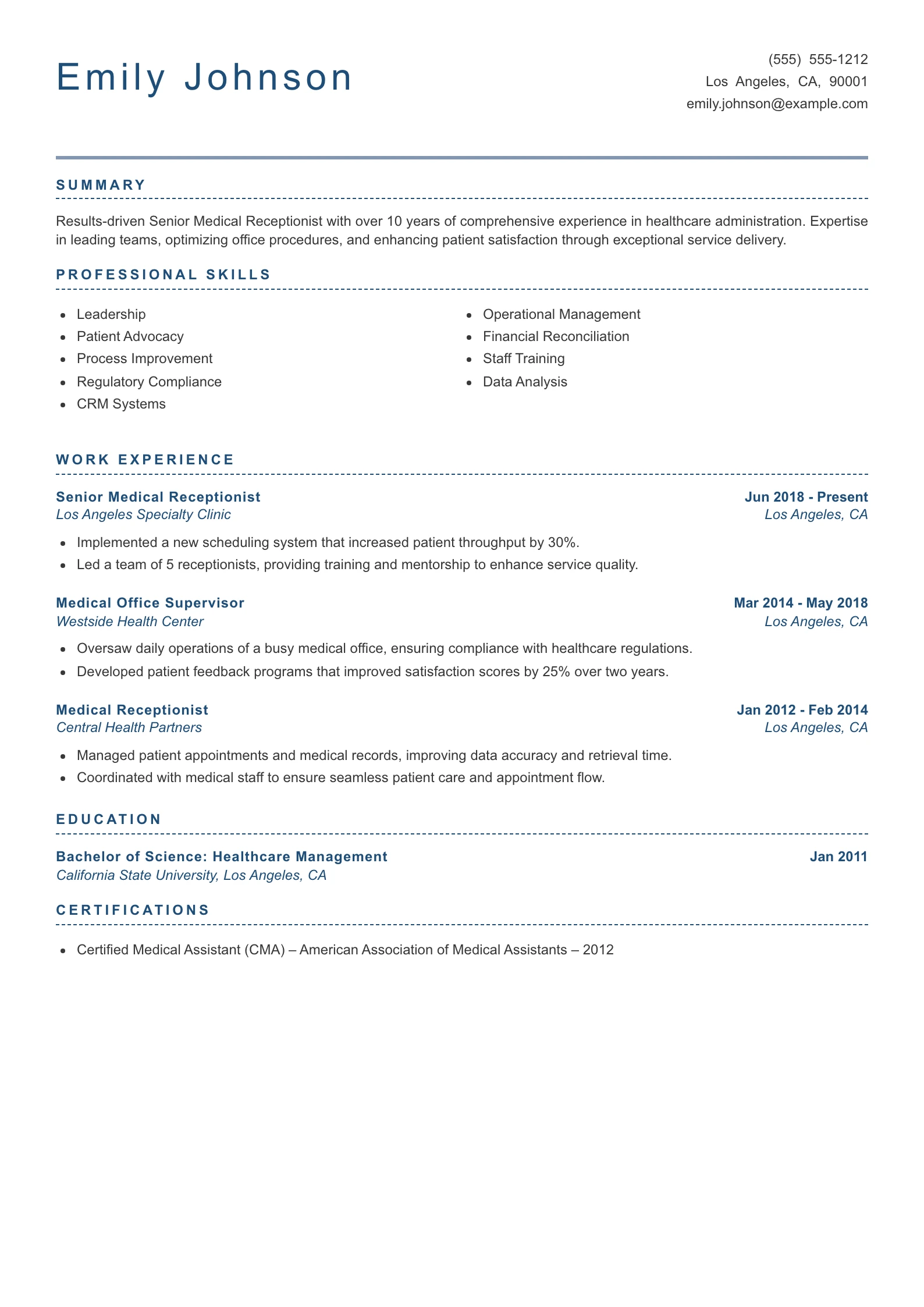 Senior Level Medical Receptionist Resume Example
