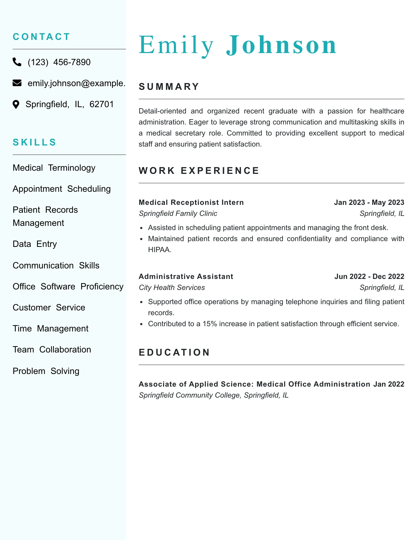 Entry Level Medical Secretary Resume Example