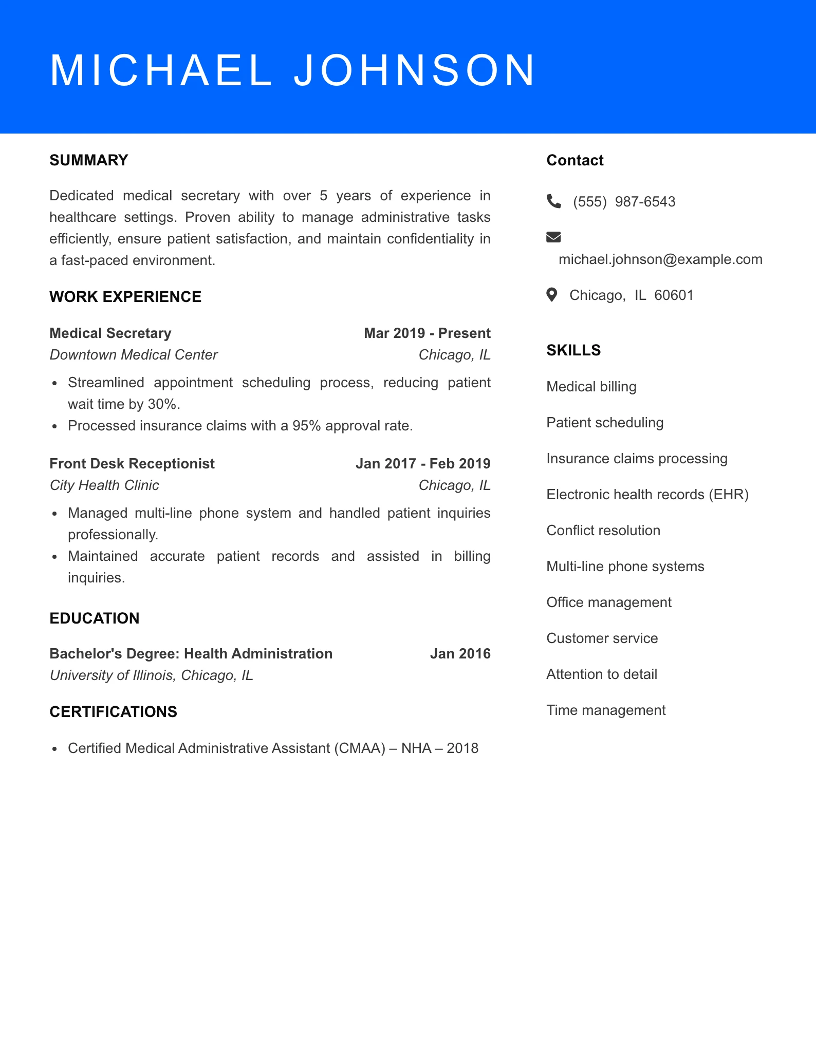 Mid Level Medical Secretary Resume Sample