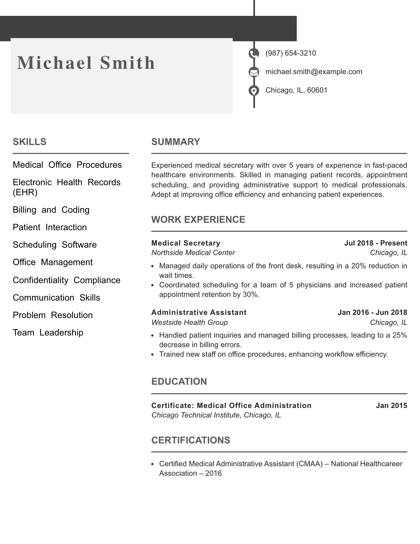 Mid Level Medical Secretary Resume Example