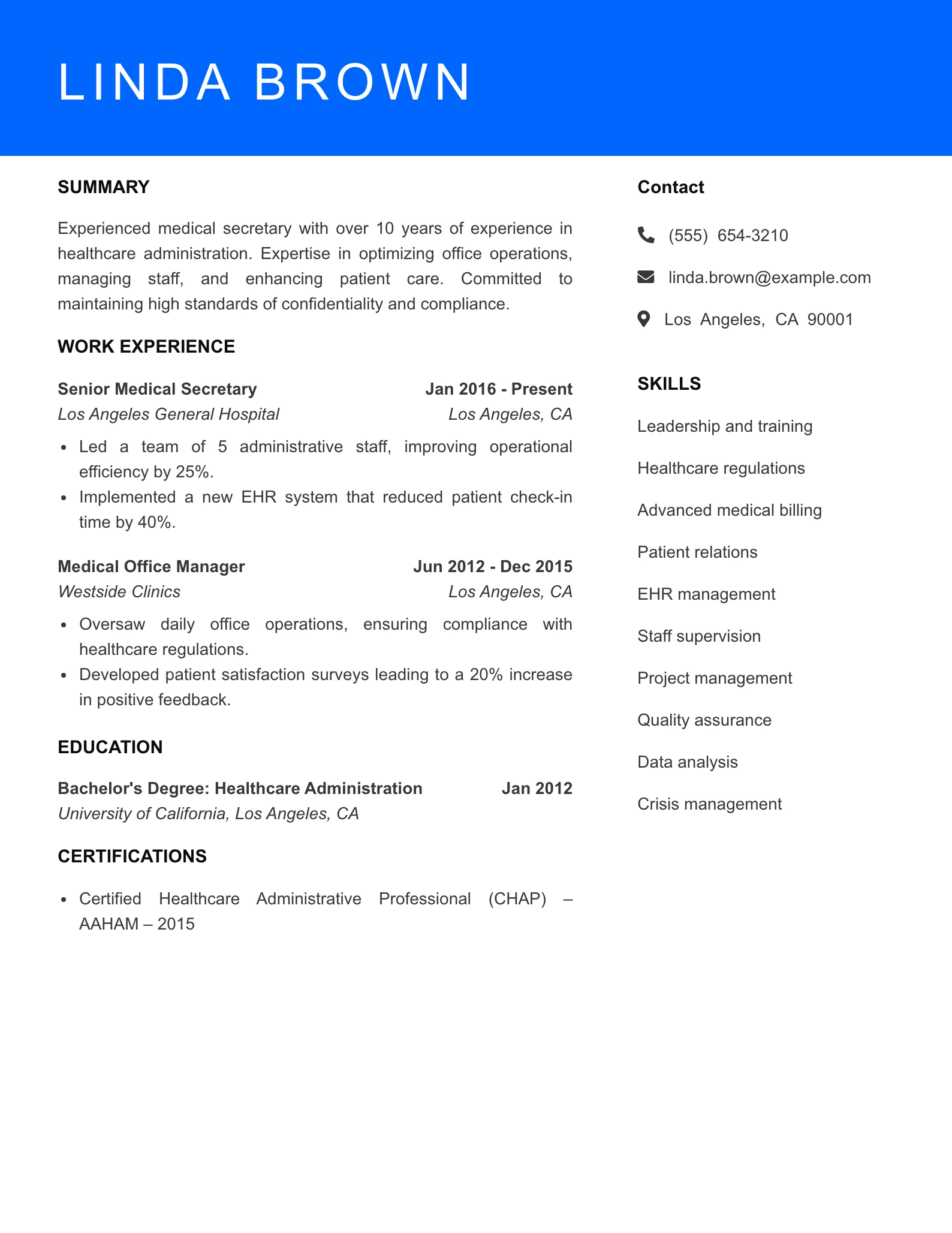 Senior Level Medical Secretary Resume Sample