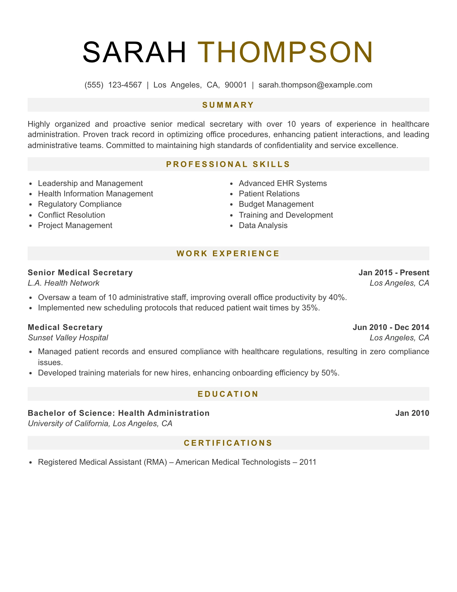 Senior Level Medical Secretary Resume Example