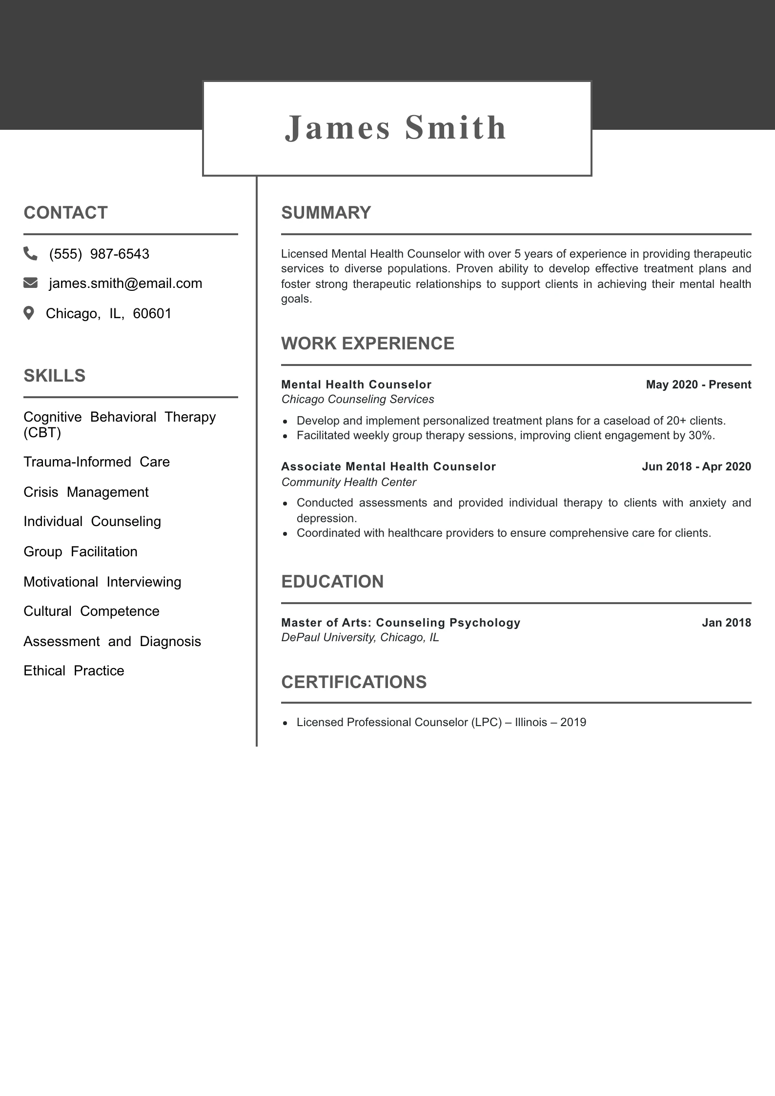 Mid Level Mental Health Counselor Resume Example