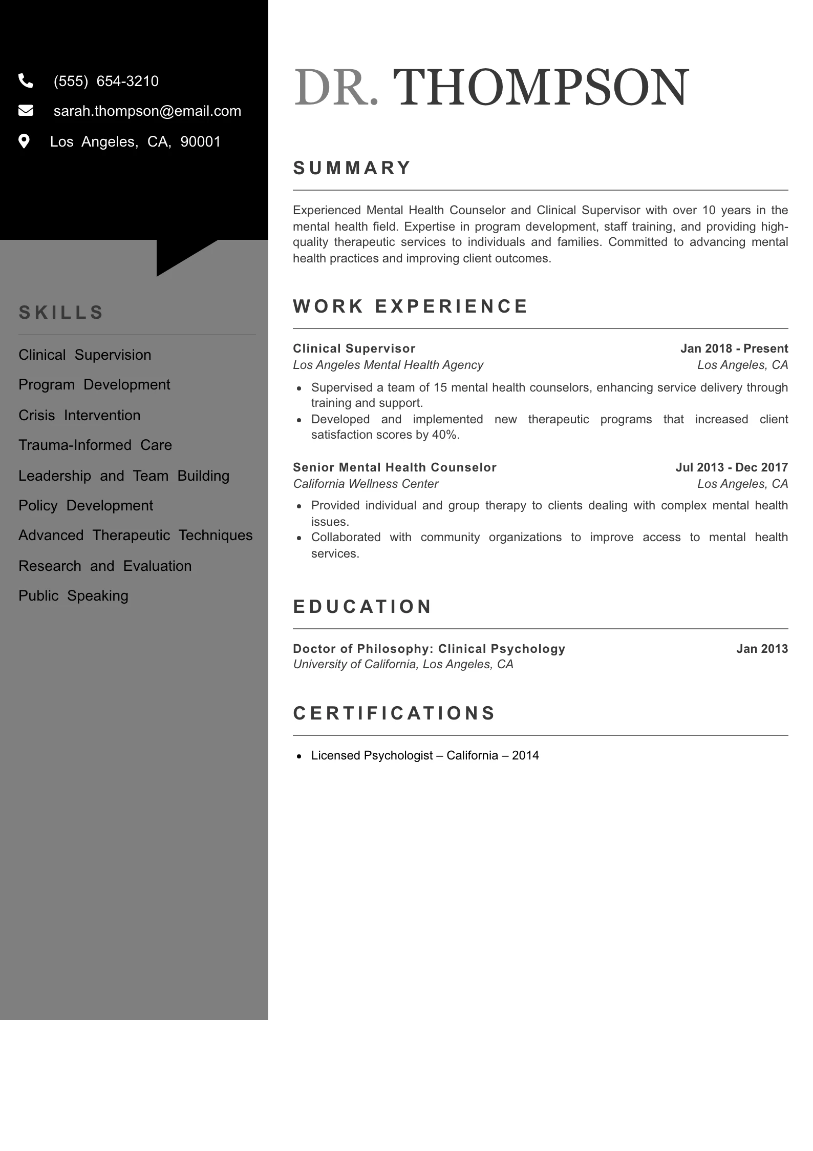 Senior Level Mental Health Counselor Resume Example