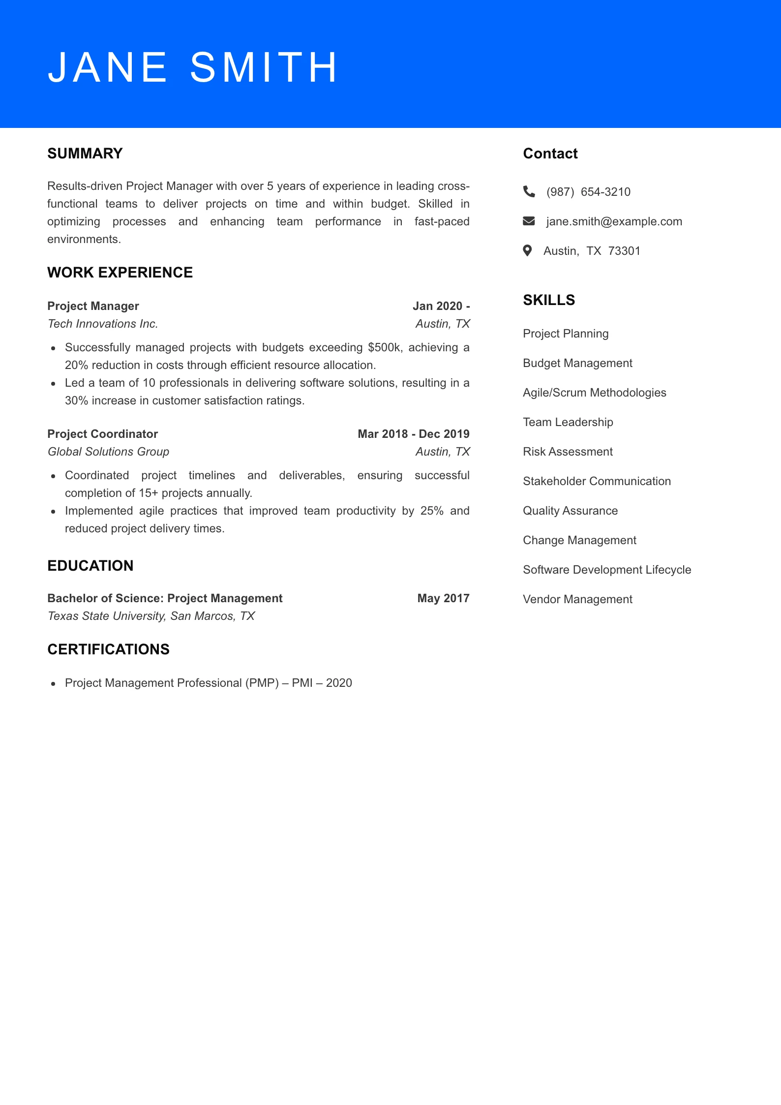 Mid Level Project Manager Resume Sample