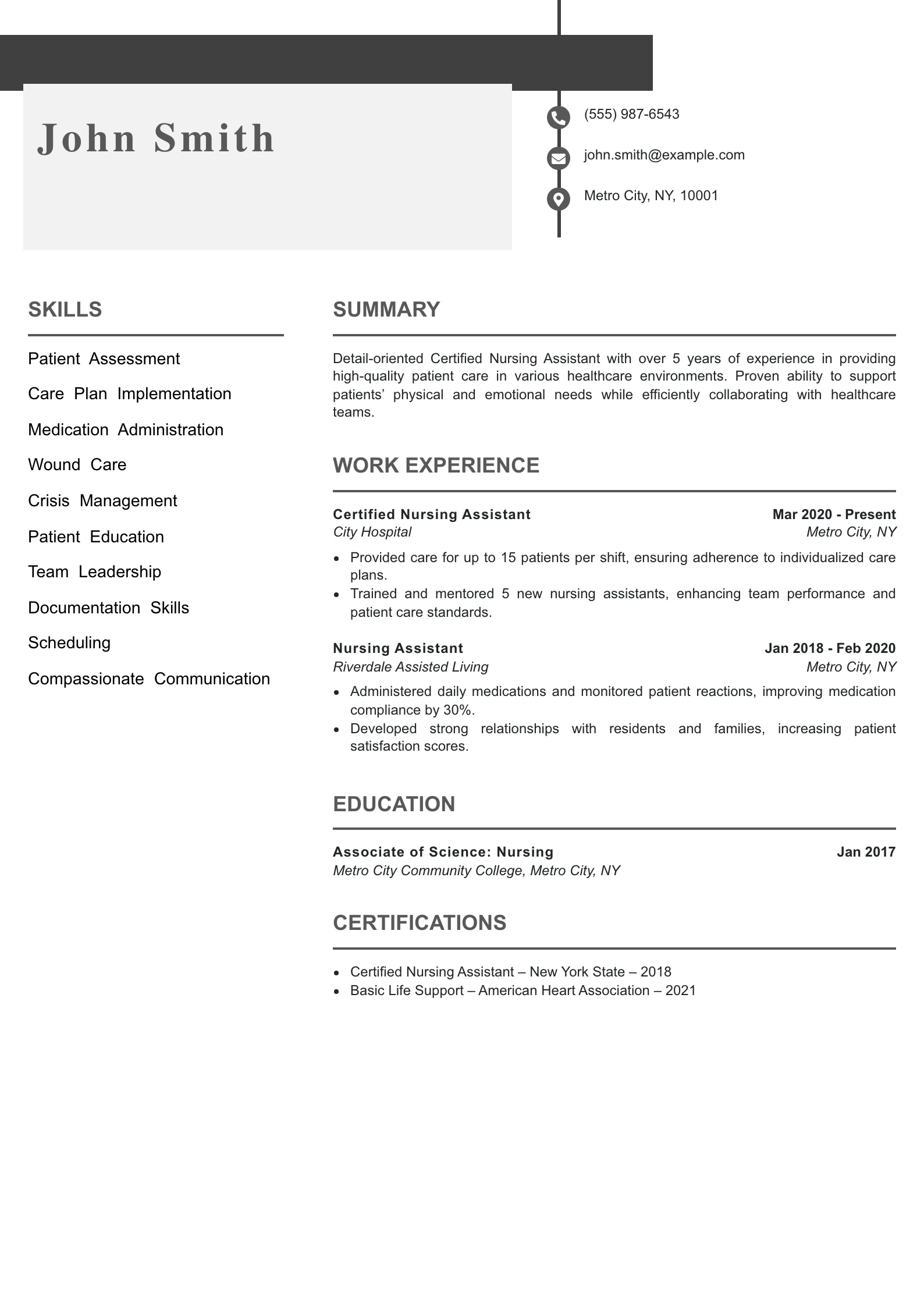 Mid Level Certified Nursing Assistant Resume Example