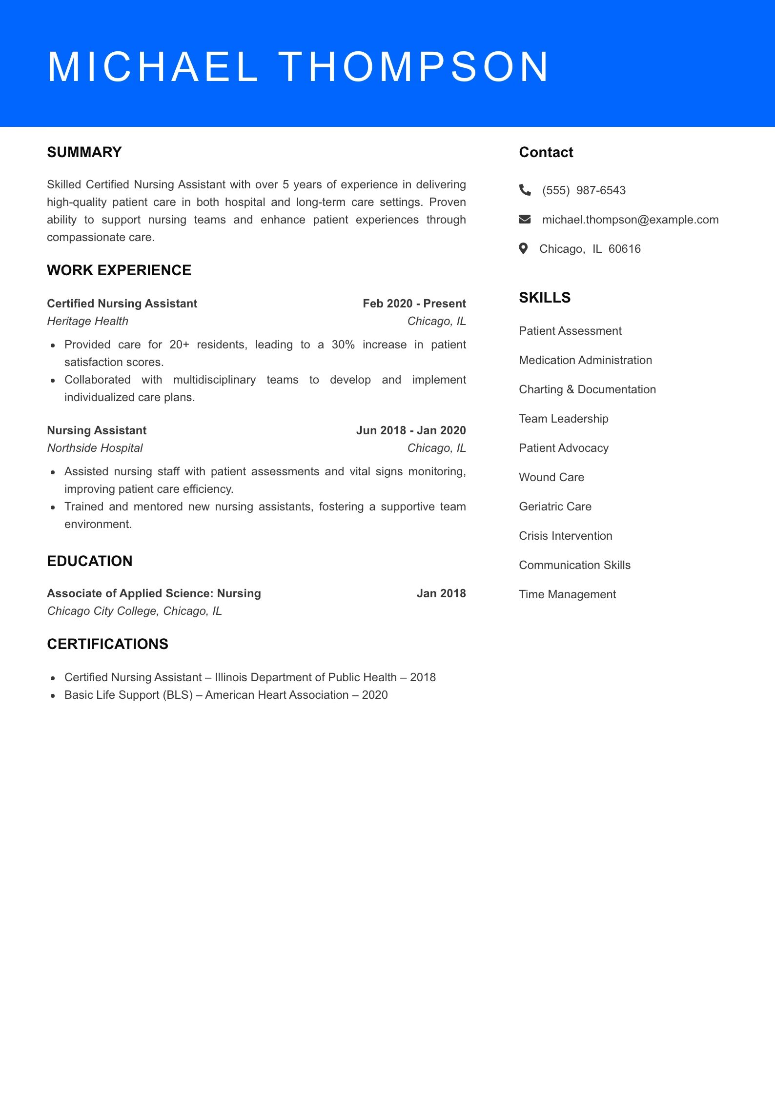 Mid Level Certified Nursing Assistant Resume Sample