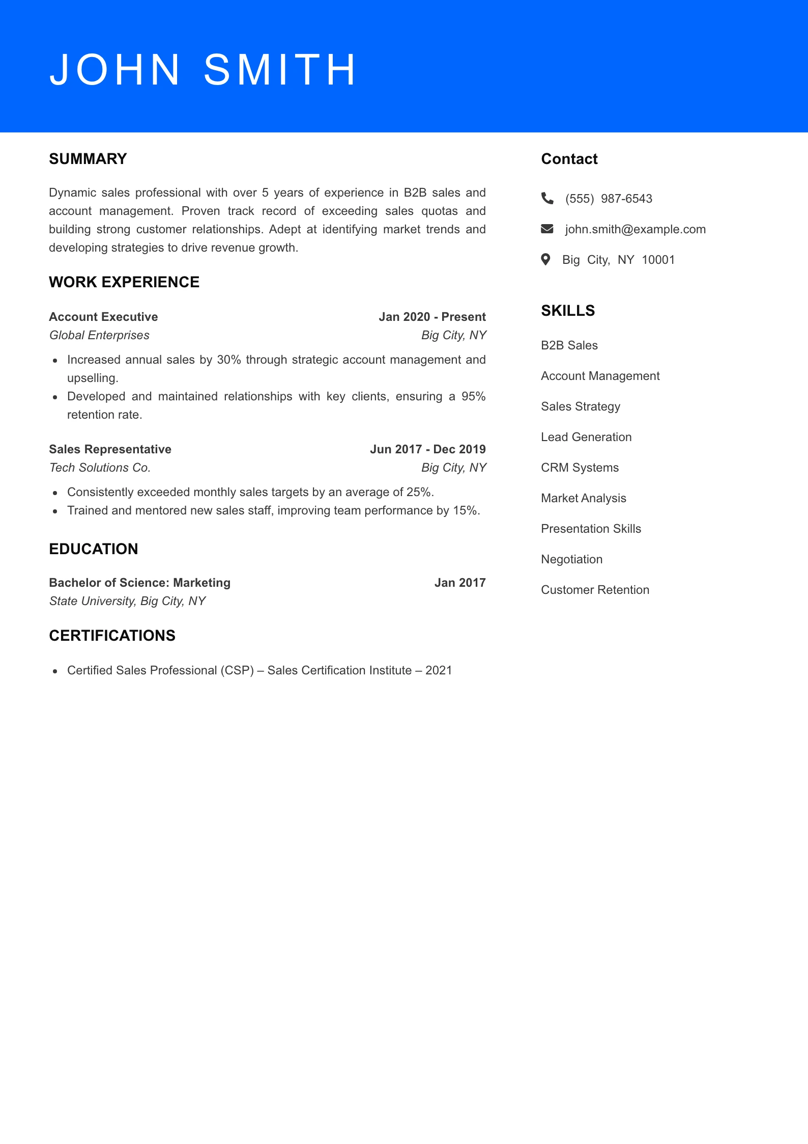 Mid Level Sales Resume Sample