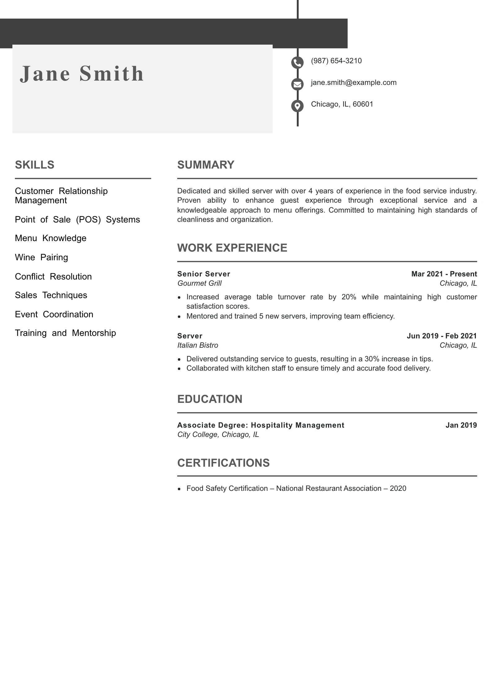 Mid Level Server Resume Example