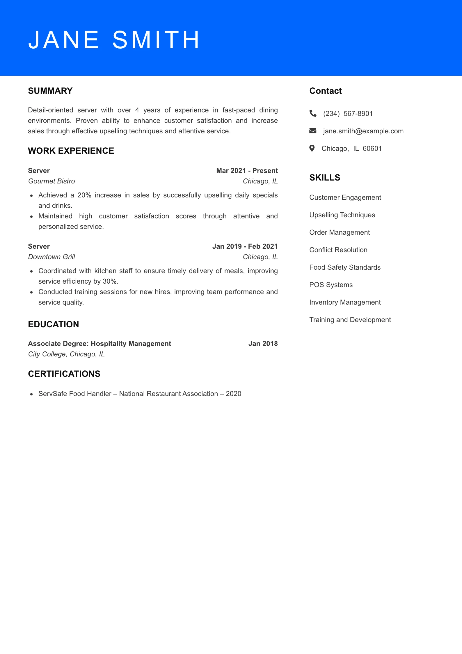 Mid Level Server Resume Sample