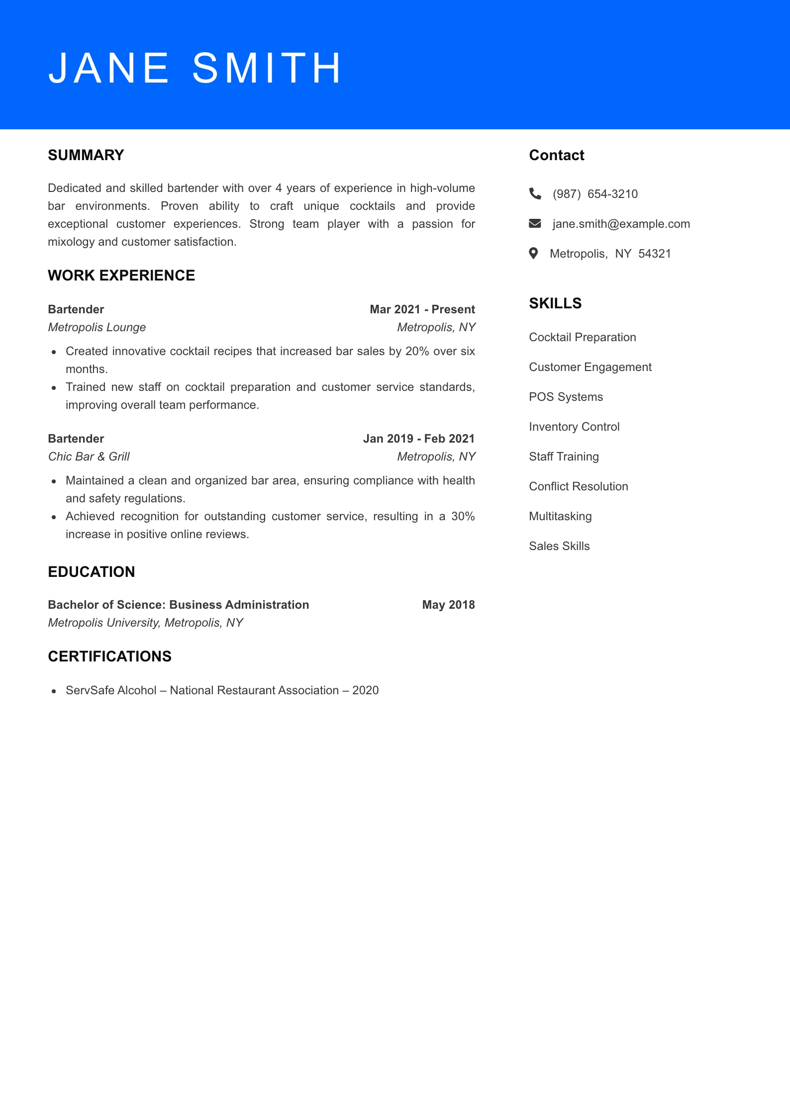 Mid Level Bartender Resume Sample