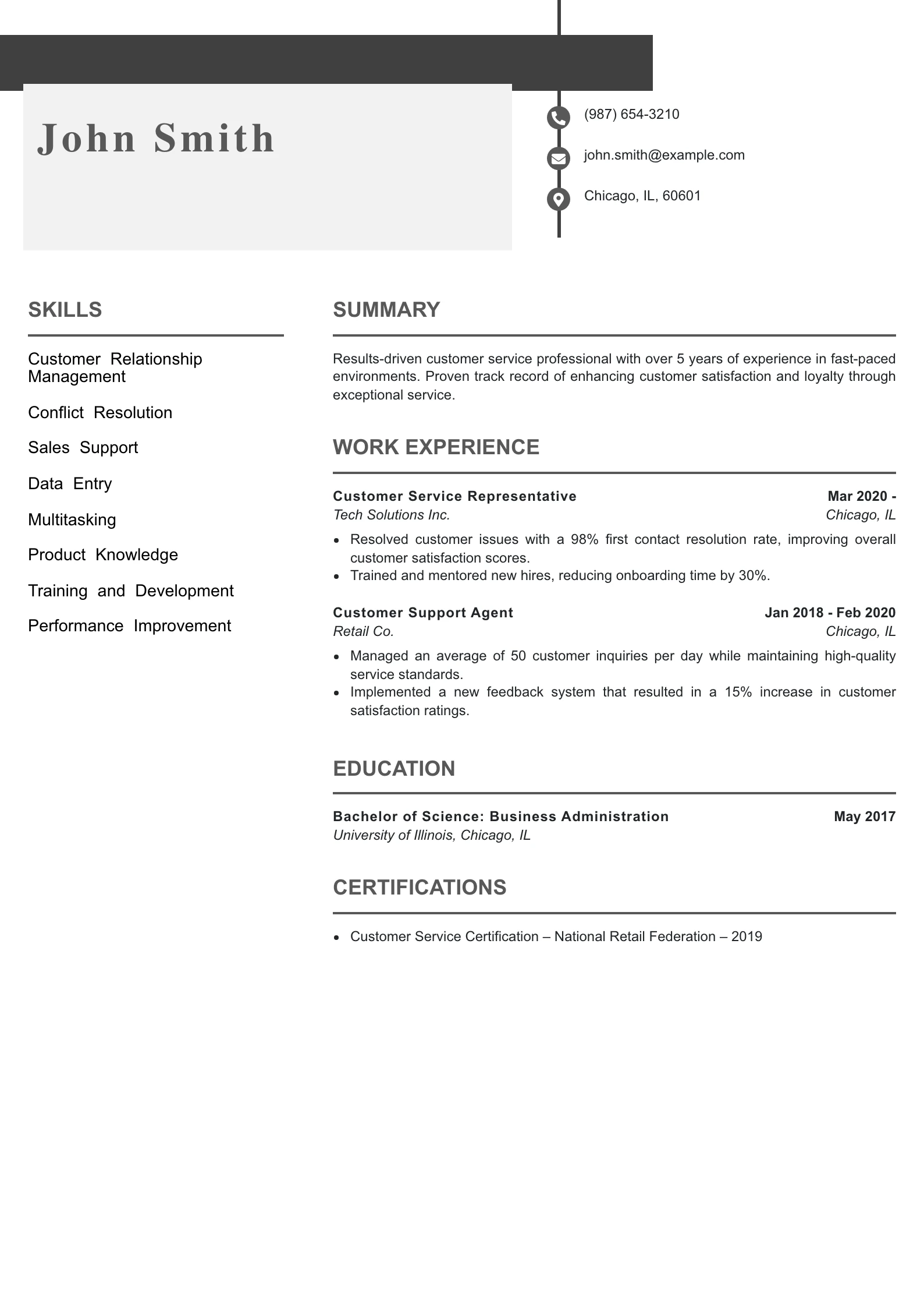 Mid Level Customer Service Representative Resume Example