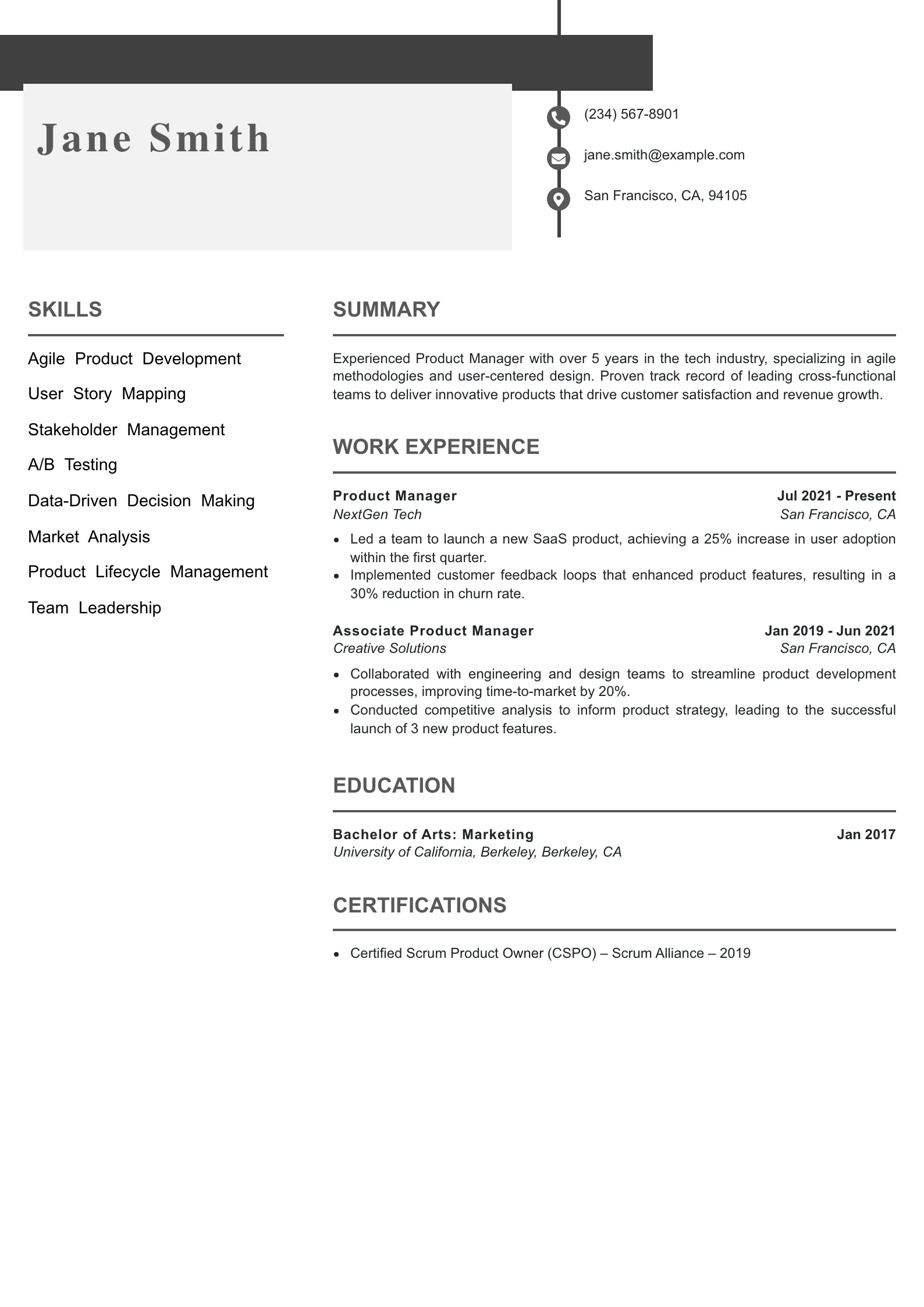 Mid Level Product Manager Resume Example
